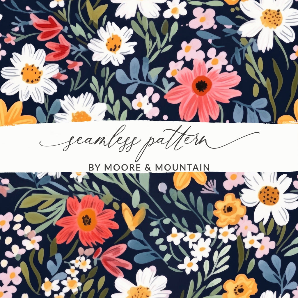 Navy Blue Colorful Ditsy Flowers on Dark Blue Spring Pattern Digital - Moore and Mountain