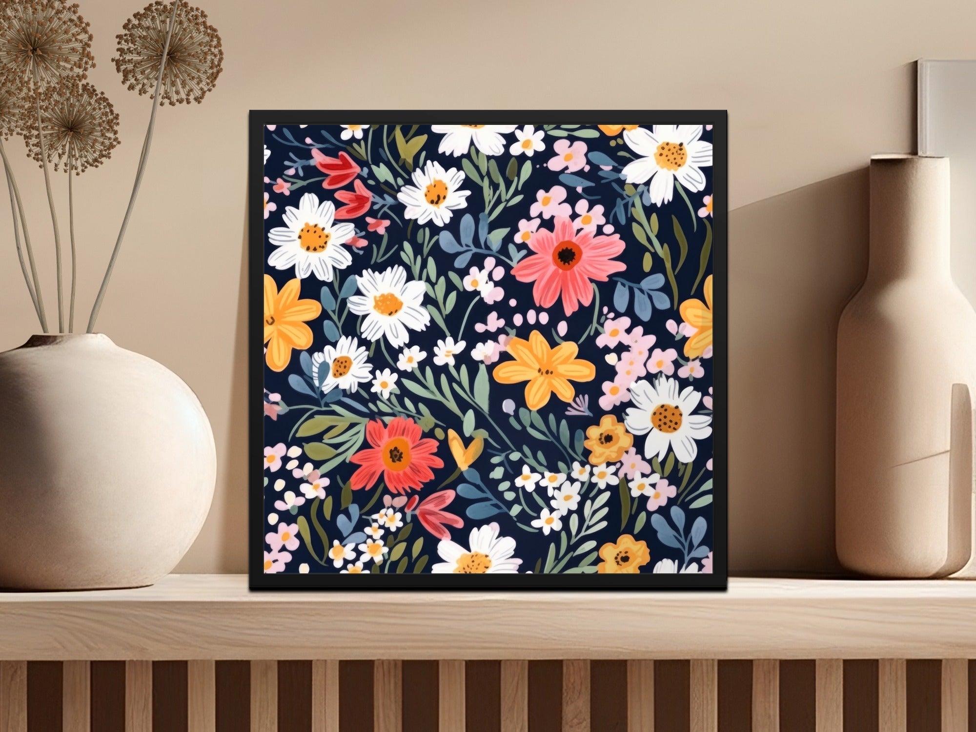 Navy Blue Colorful Ditsy Flowers on Dark Blue Spring Pattern Digital - Moore and Mountain