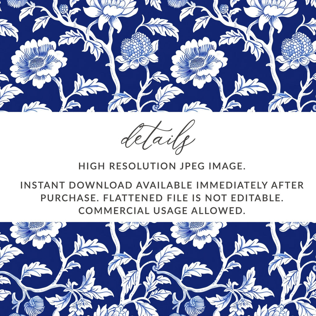 Navy Blue Floral Pattern Digital Paper, White Flower Design, Seamless Tileable Texture, Chinoiserie Pattern - Moore and Mountain