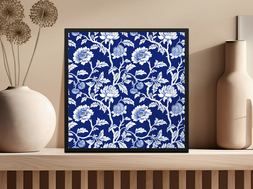 Navy Blue Floral Pattern Digital Paper, White Flower Design, Seamless Tileable Texture, Chinoiserie Pattern - Moore and Mountain
