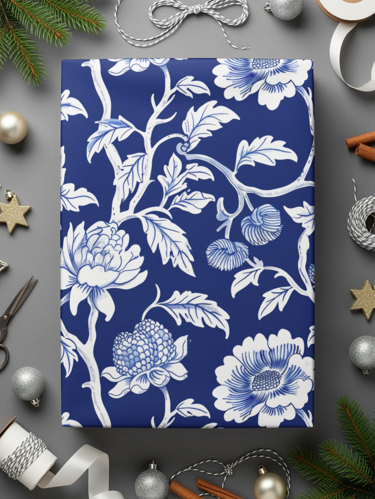 Navy Blue Floral Pattern Digital Paper, White Flower Design, Seamless Tileable Texture, Chinoiserie Pattern - Moore and Mountain