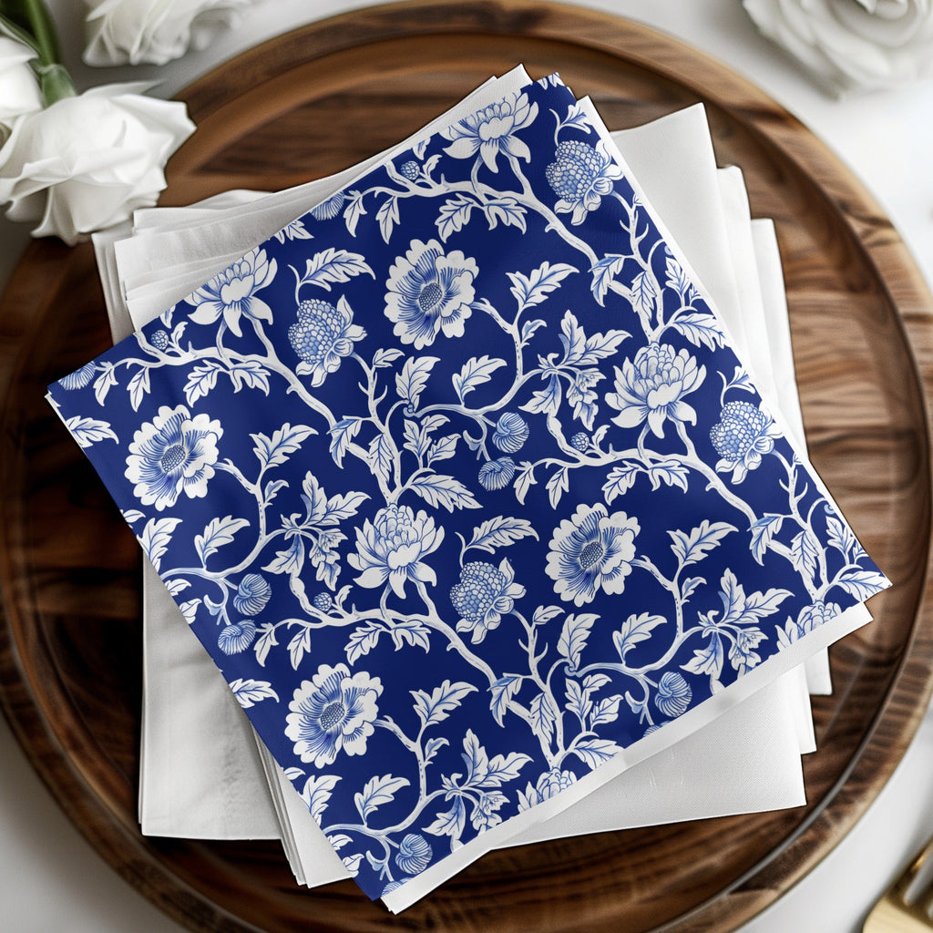 Navy Blue Floral Pattern Digital Paper, White Flower Design, Seamless Tileable Texture, Chinoiserie Pattern - Moore and Mountain