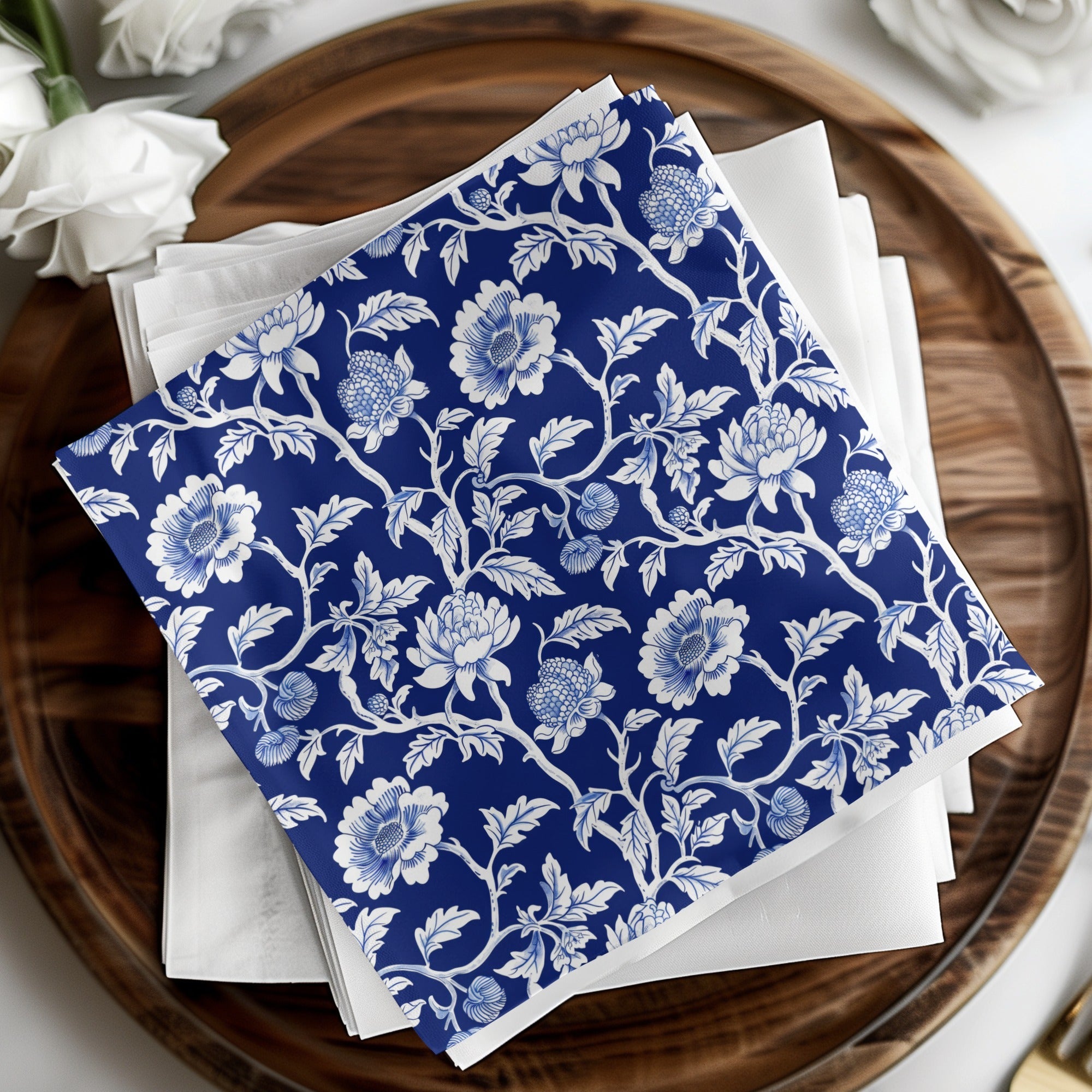 Navy Blue Floral Pattern Digital Paper, White Flower Design, Seamless Tileable Texture, Chinoiserie Pattern - Moore and Mountain