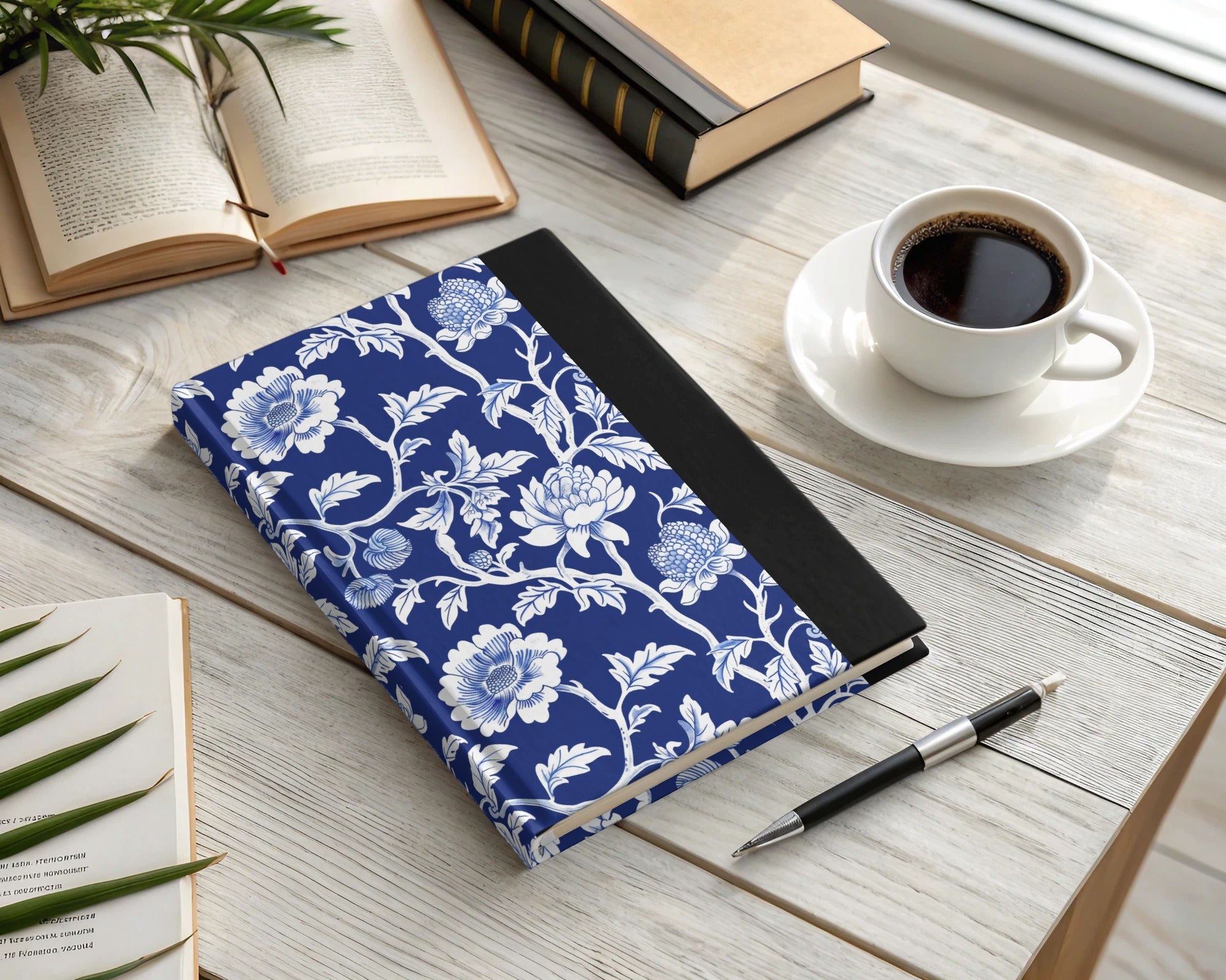 Navy Blue Floral Pattern Digital Paper, White Flower Design, Seamless Tileable Texture, Chinoiserie Pattern - Moore and Mountain