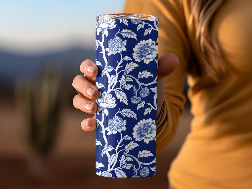 Navy Blue Floral Pattern Digital Paper, White Flower Design, Seamless Tileable Texture, Chinoiserie Pattern - Moore and Mountain