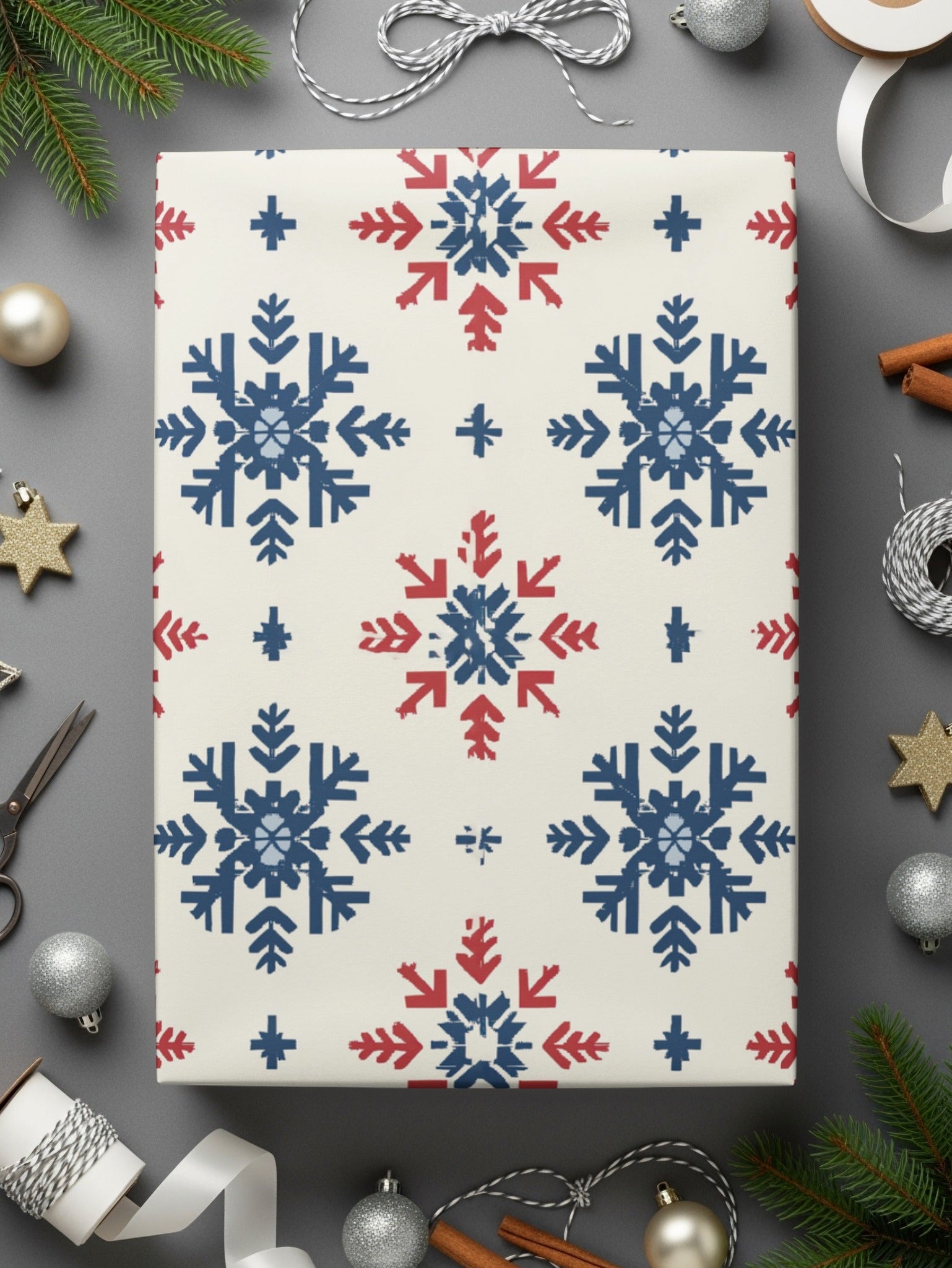Nordic Winter Holidays Blue & Red Snowflake Pattern Digital Download | Festive Printable Wall Art - Moore and Mountain
