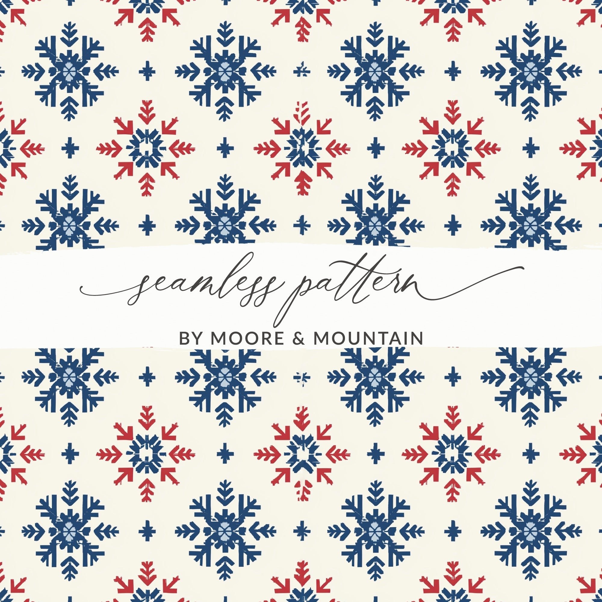 Nordic Winter Holidays Blue & Red Snowflake Pattern Digital Download | Festive Printable Wall Art - Moore and Mountain