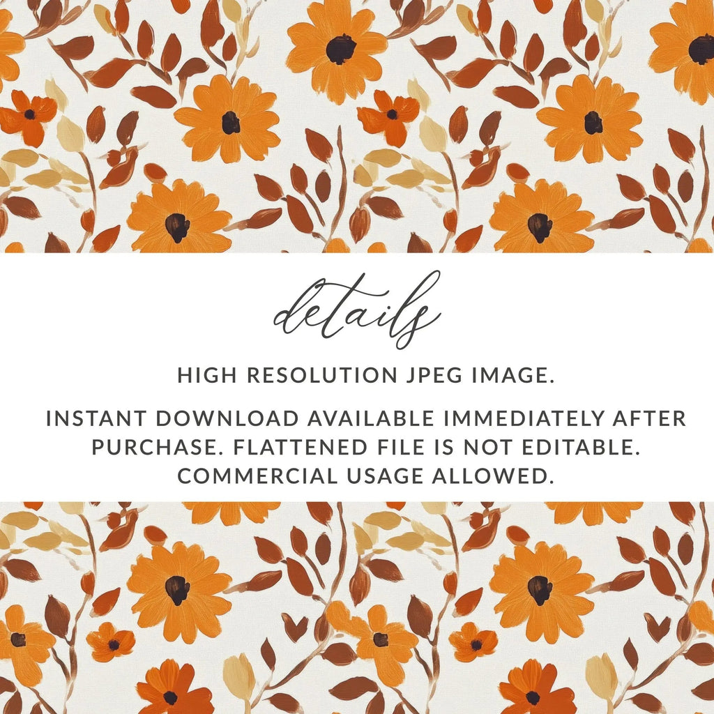 Orange Floral Digital Paper, Autumn Flowers Seamless Pattern, Fall Botanical Repeat Pattern, Printable Flower Fabric Design, Digital - Moore and Mountain