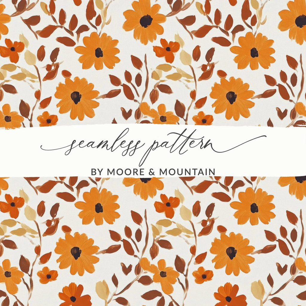 Orange Floral Digital Paper, Autumn Flowers Seamless Pattern, Fall Botanical Repeat Pattern, Printable Flower Fabric Design, Digital - Moore and Mountain