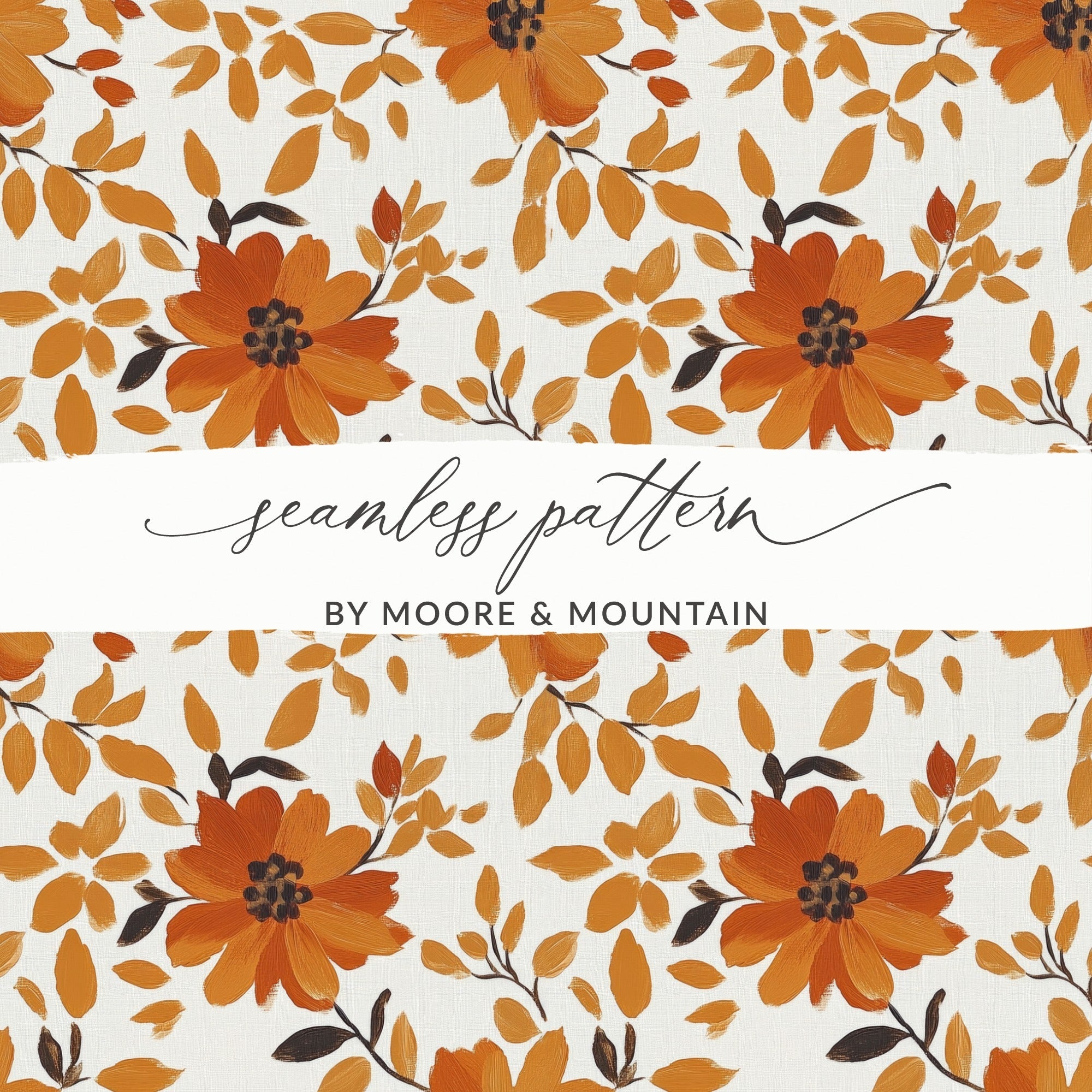 Orange Floral Seamless Digital Pattern, Fall Flower JPEG Files, Commercial Use Fabric Design, 12x12 Digital Paper, Autumn Printable Art - Moore and Mountain