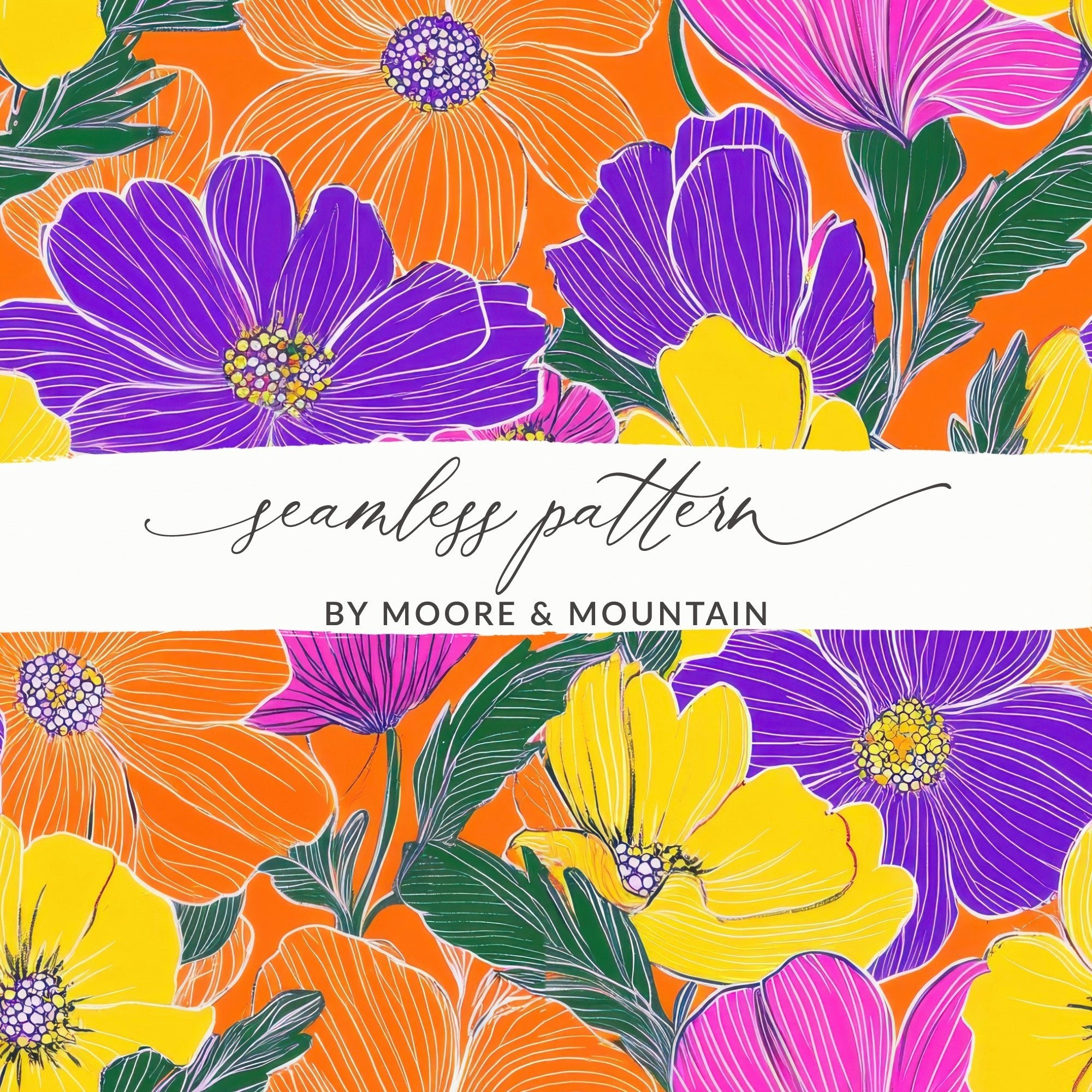 Orange Preppy Groovy Floral Background, Seamless Retro Flowers Digital Paper, 60s Floral Pattern, Colorful Flower Clipart, Digital Download - Moore and Mountain