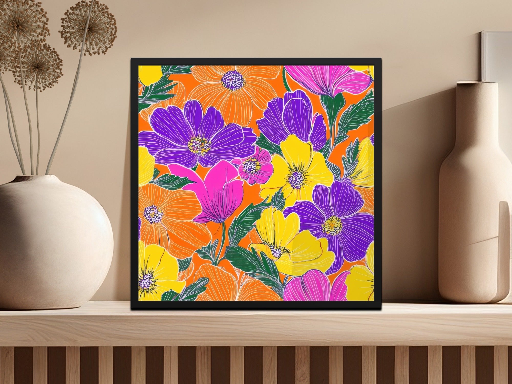 Orange Preppy Groovy Floral Background, Seamless Retro Flowers Digital Paper, 60s Floral Pattern, Colorful Flower Clipart, Digital Download - Moore and Mountain