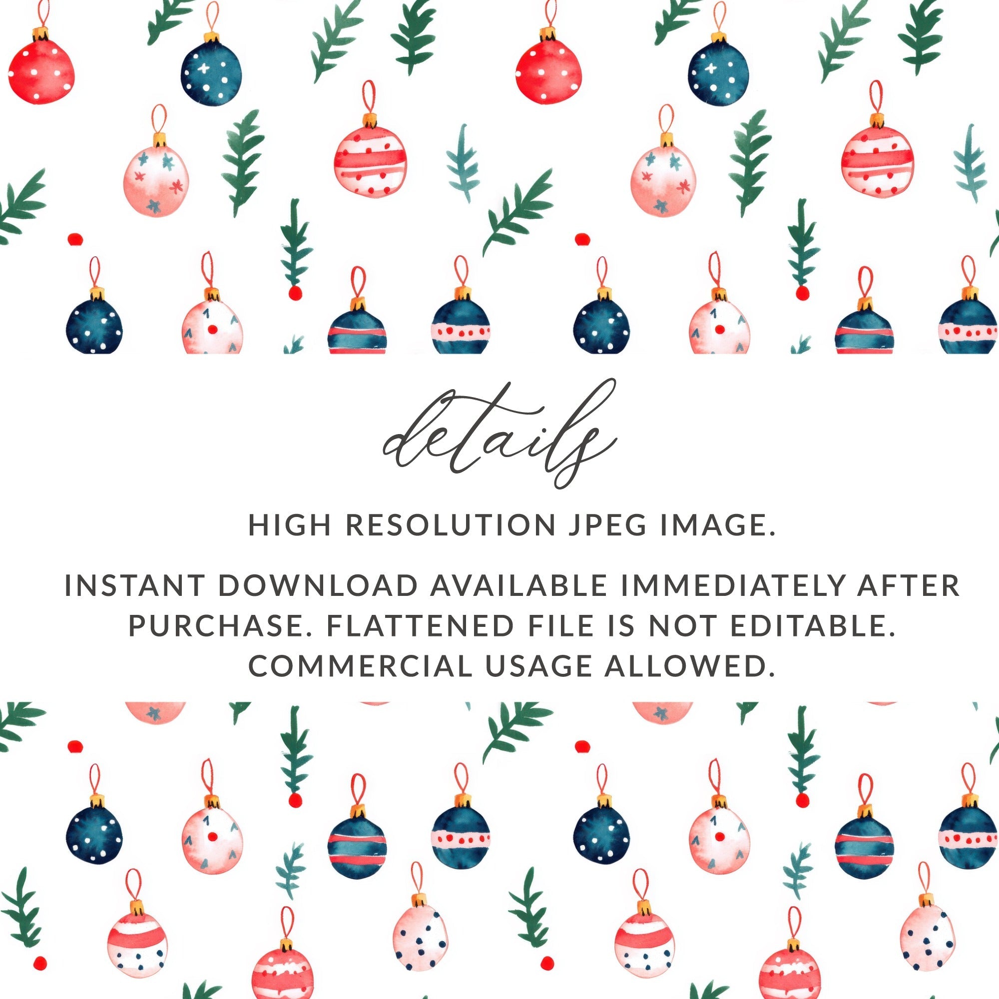Painted Watercolor Christmas Ornaments Pattern Sprigs Pattern on White Digital - Moore and Mountain