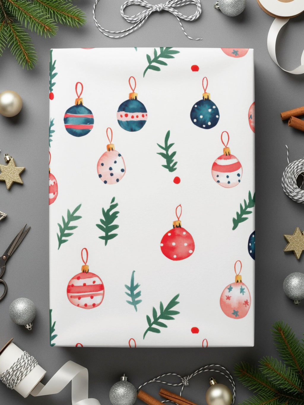 Painted Watercolor Christmas Ornaments Pattern Sprigs Pattern on White Digital - Moore and Mountain