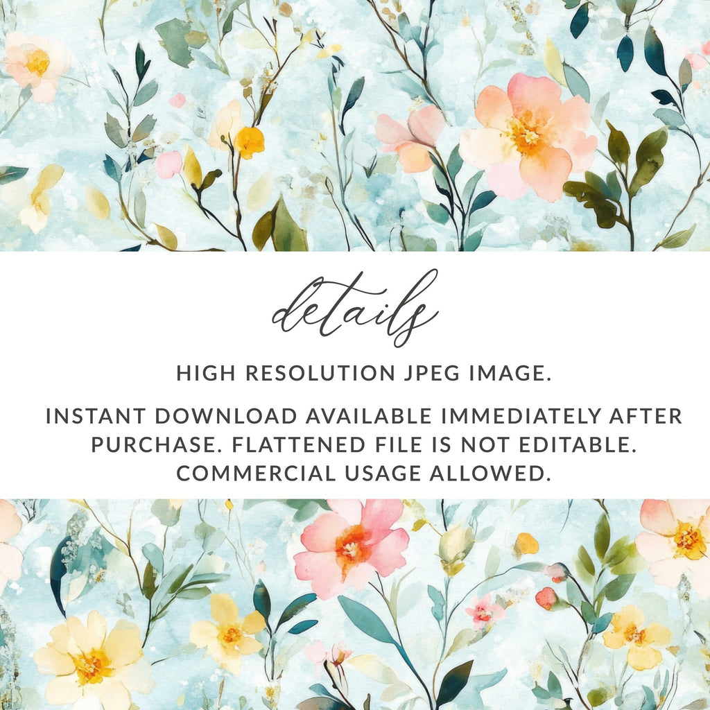 Pastel Watercolor Floral Digital Paper, Blue Spring Flower Pattern, Delicate Peach Yellow Bloom Art Print, Seamless Texture, Printable - Moore and Mountain