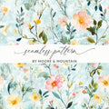 Pastel Watercolor Floral Digital Paper, Blue Spring Flower Pattern, Delicate Peach Yellow Bloom Art Print, Seamless Texture, Printable - Moore and Mountain