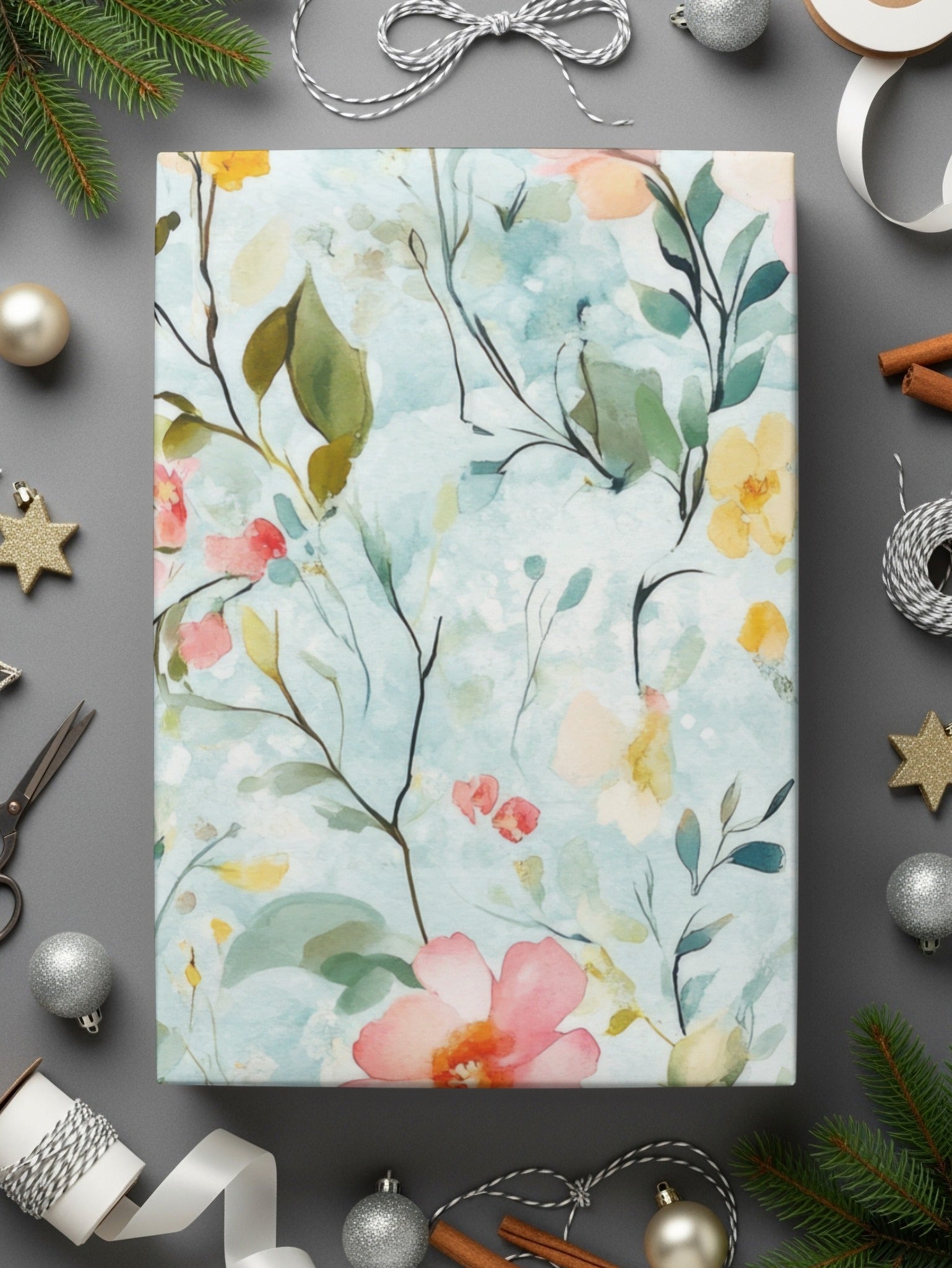 Pastel Watercolor Floral Digital Paper, Blue Spring Flower Pattern, Delicate Peach Yellow Bloom Art Print, Seamless Texture, Printable - Moore and Mountain