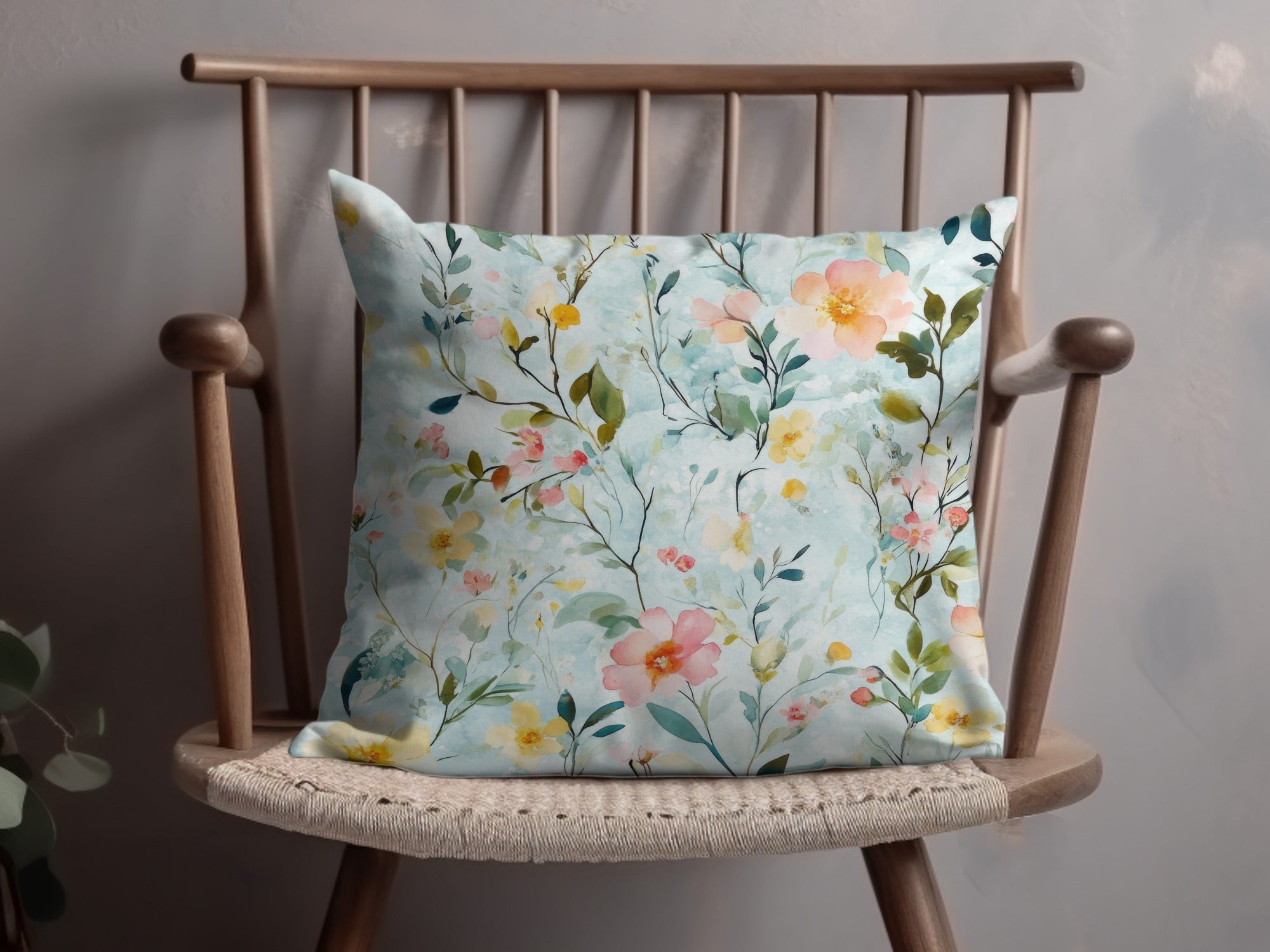 Pastel Watercolor Floral Digital Paper, Blue Spring Flower Pattern, Delicate Peach Yellow Bloom Art Print, Seamless Texture, Printable - Moore and Mountain