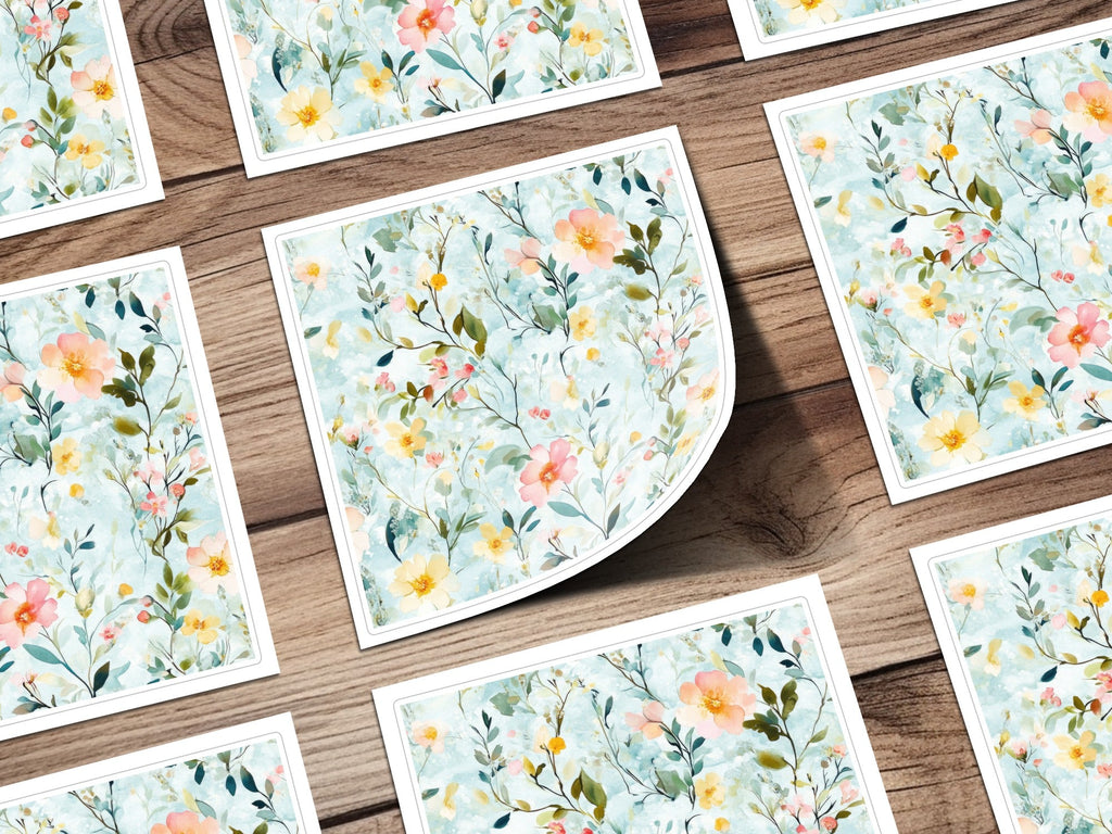 Pastel Watercolor Floral Digital Paper, Blue Spring Flower Pattern, Delicate Peach Yellow Bloom Art Print, Seamless Texture, Printable - Moore and Mountain