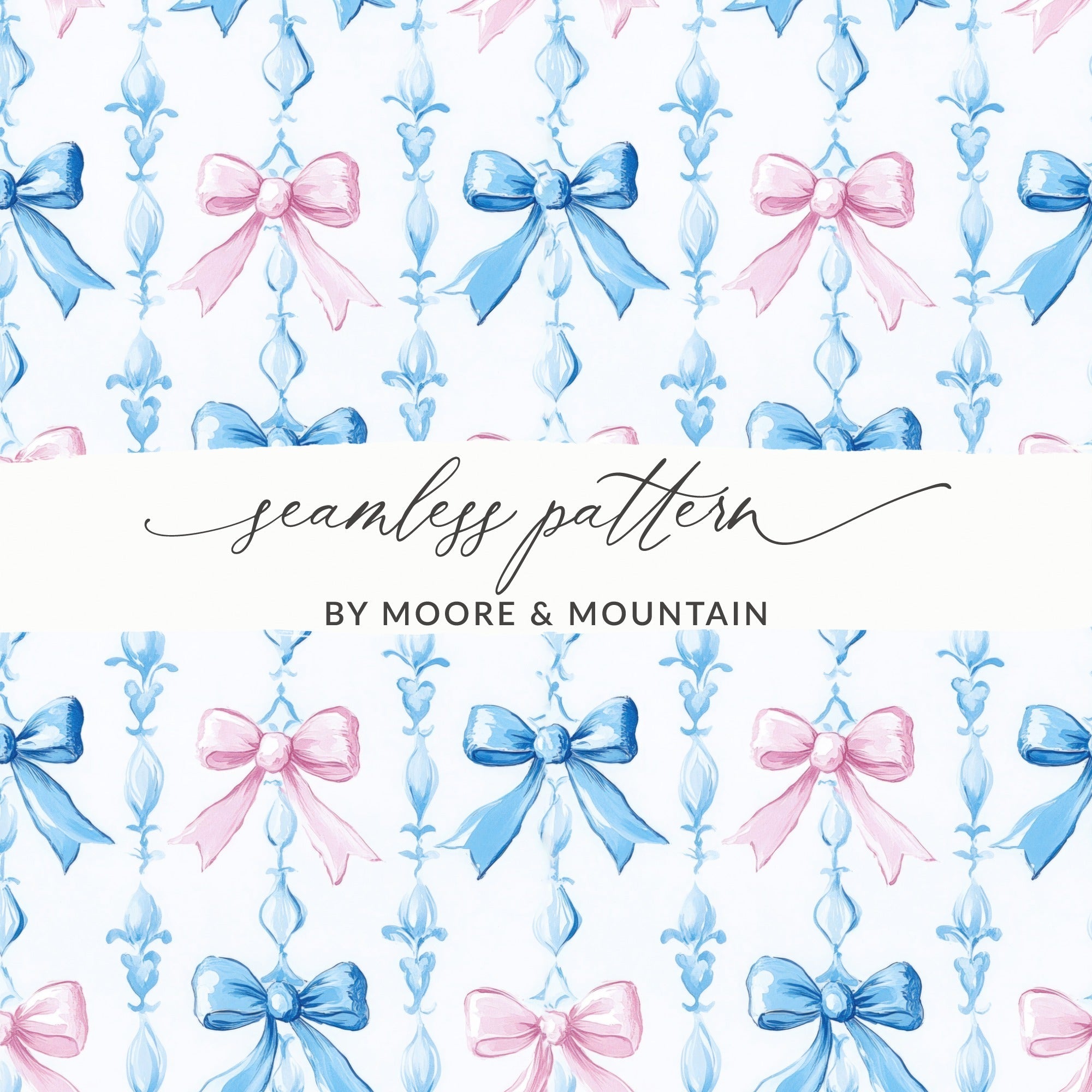 Pink and Blue Bows Digital Paper, Watercolor Seamless Pattern, Spring Background, Scrapbooking Paper, Baby Shower Invitation, Digital - Moore and Mountain