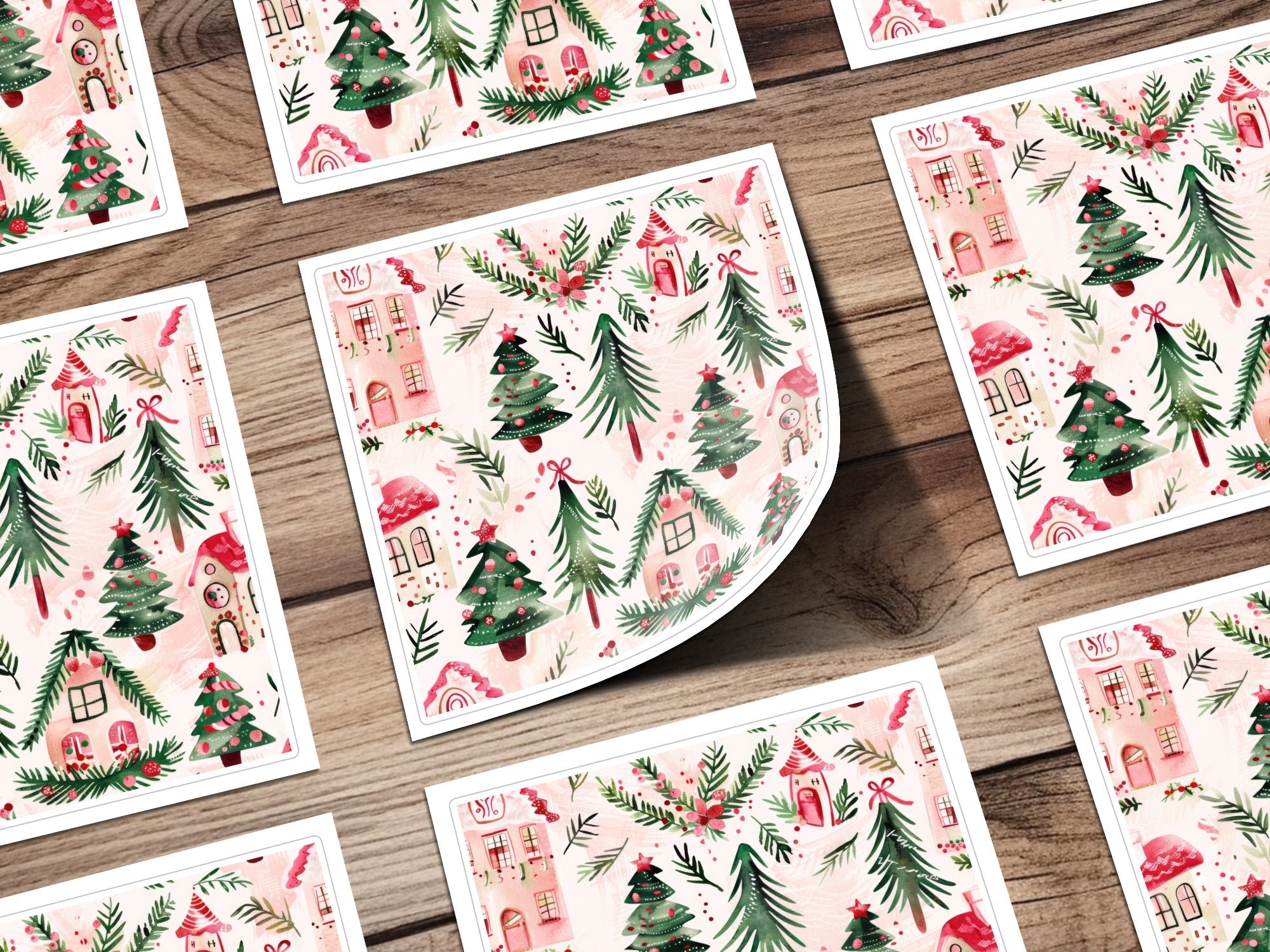 Pink Christmas Houses Digital Paper, Winter Holiday Pattern, Green Trees, Watercolor Seamless Design, Festive Scrapbook Paper, Digital - Moore and Mountain