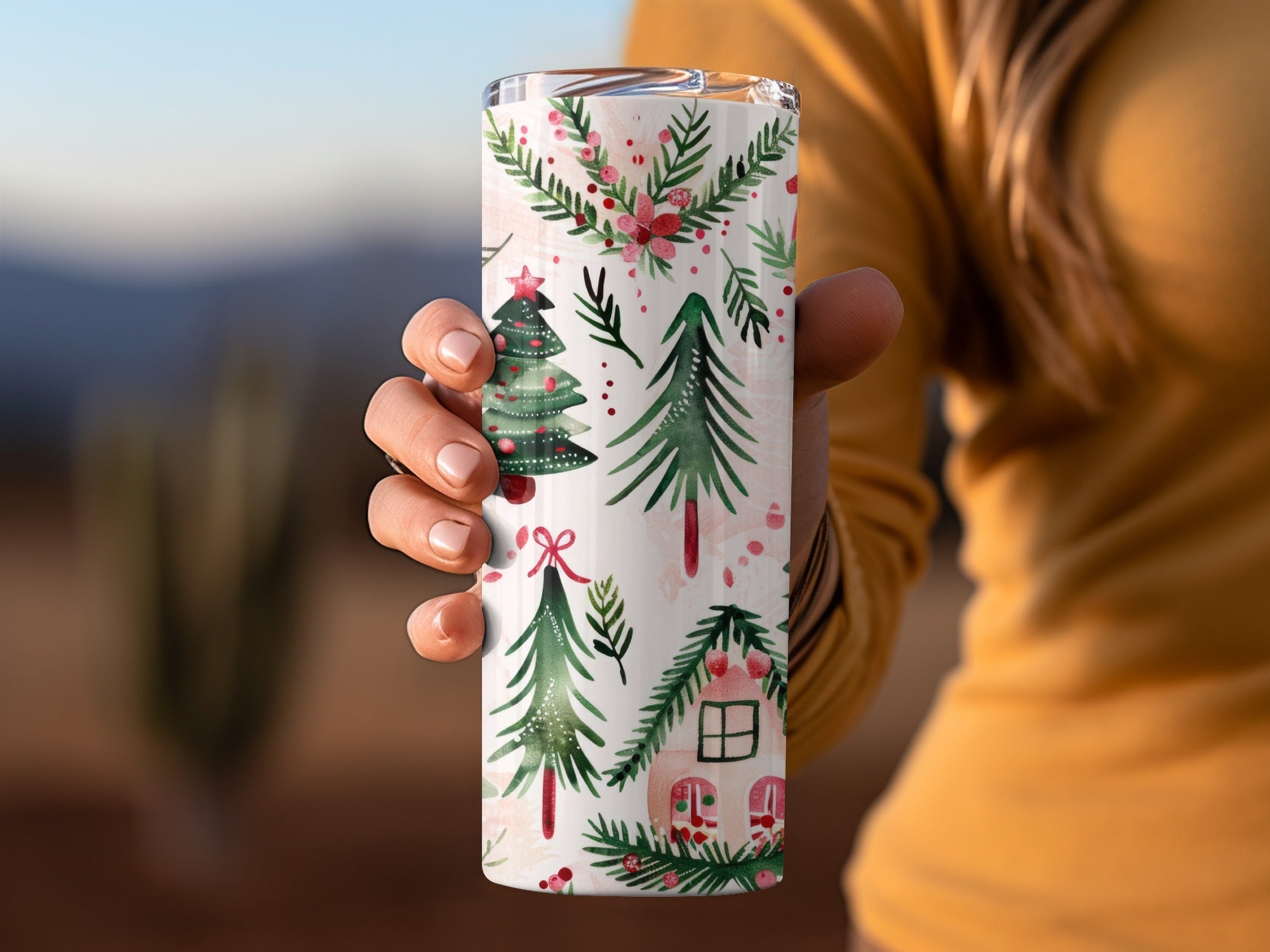 Pink Christmas Houses Digital Paper, Winter Holiday Pattern, Green Trees, Watercolor Seamless Design, Festive Scrapbook Paper, Digital - Moore and Mountain