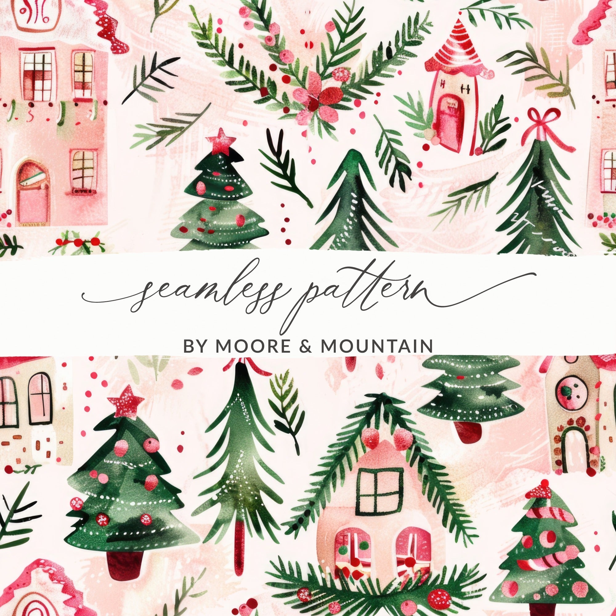 Pink Christmas Houses Digital Paper, Winter Holiday Pattern, Green Trees, Watercolor Seamless Design, Festive Scrapbook Paper, Digital - Moore and Mountain