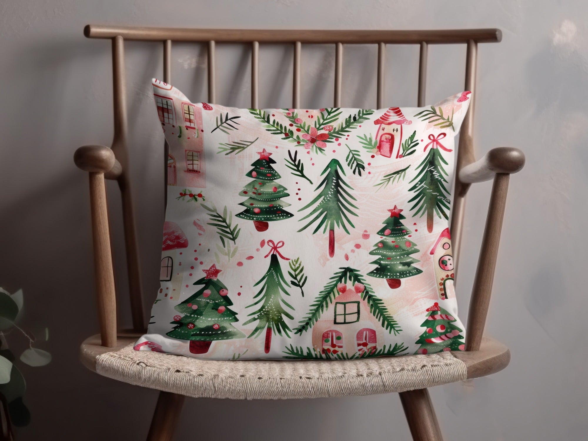 Pink Christmas Houses Digital Paper, Winter Holiday Pattern, Green Trees, Watercolor Seamless Design, Festive Scrapbook Paper, Digital - Moore and Mountain