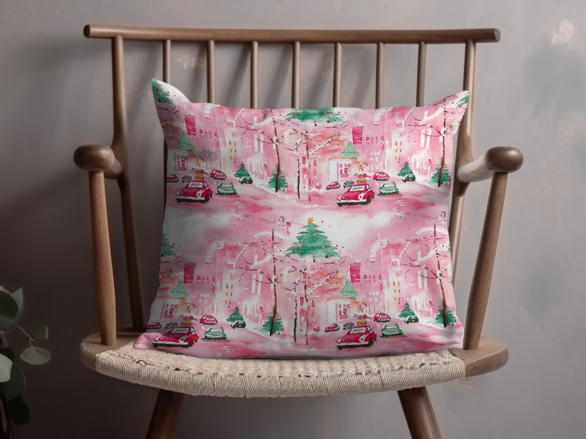 Pink Christmas Town Digital Paper, Watercolor Winter Cityscape Seamless Pattern, Holiday Cars, Festive Digital Download, Christmas Trees - Moore and Mountain