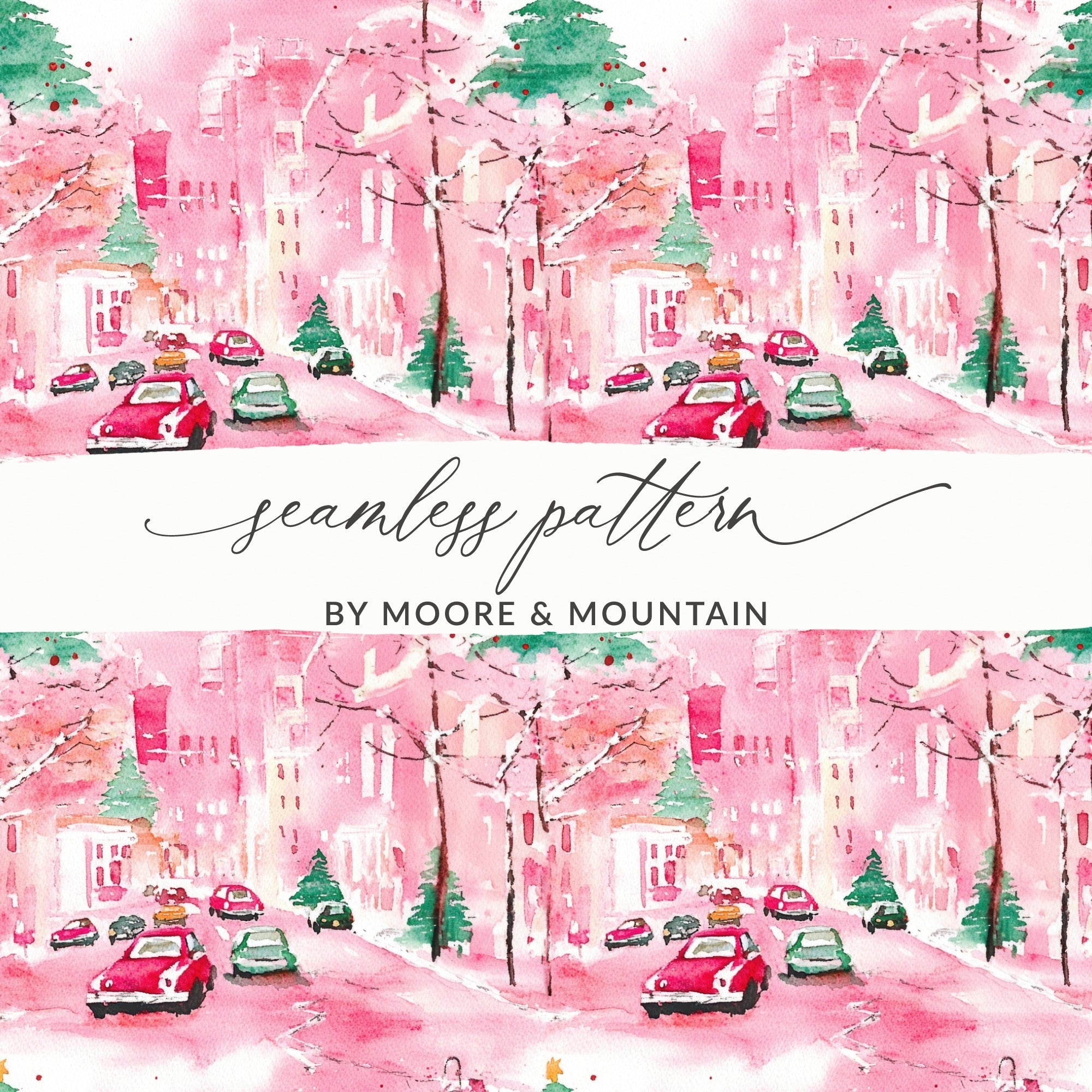 Pink Christmas Town Digital Paper, Watercolor Winter Cityscape Seamless Pattern, Holiday Cars, Festive Digital Download, Christmas Trees - Moore and Mountain