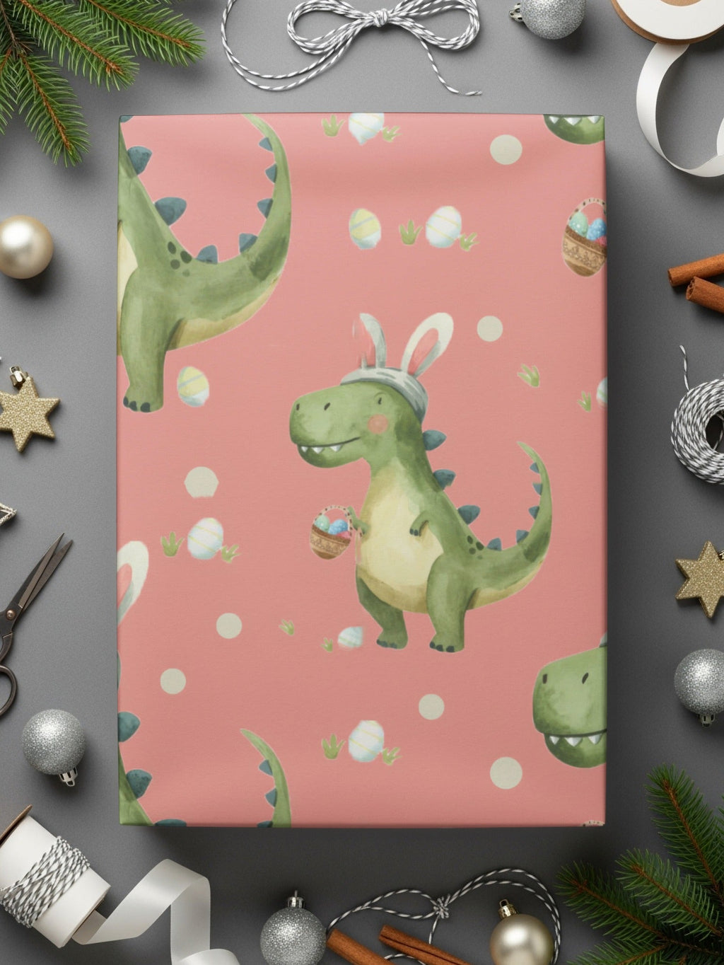 Pink Easter Dinosaur with Bunny Ears and Eggs Pattern Digital - Moore and Mountain