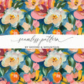 Pink Floral Digital Paper, White Flowers Pattern, Painterly Texture, Blue Background, Abstract Seamless Pattern, Printable Art, Spring - Moore and Mountain