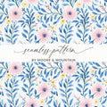 Pink Floral Pattern Digital Paper, Blue Leaves Watercolor, Seamless Flower Pattern, Pastel Spring Fabric Design, Scrapbooking Paper - Moore and Mountain