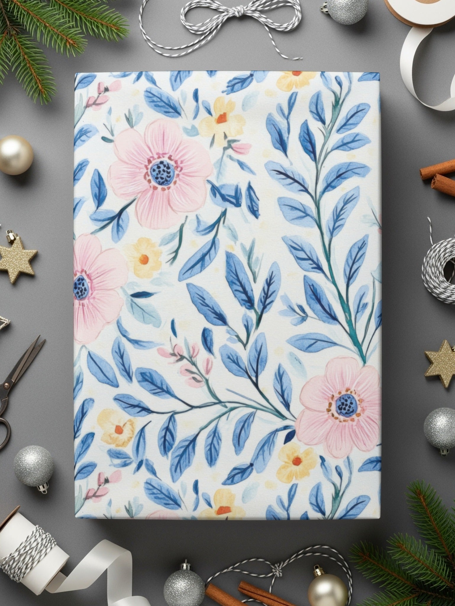 Pink Floral Pattern Digital Paper, Blue Leaves Watercolor, Seamless Flower Pattern, Pastel Spring Fabric Design, Scrapbooking Paper - Moore and Mountain