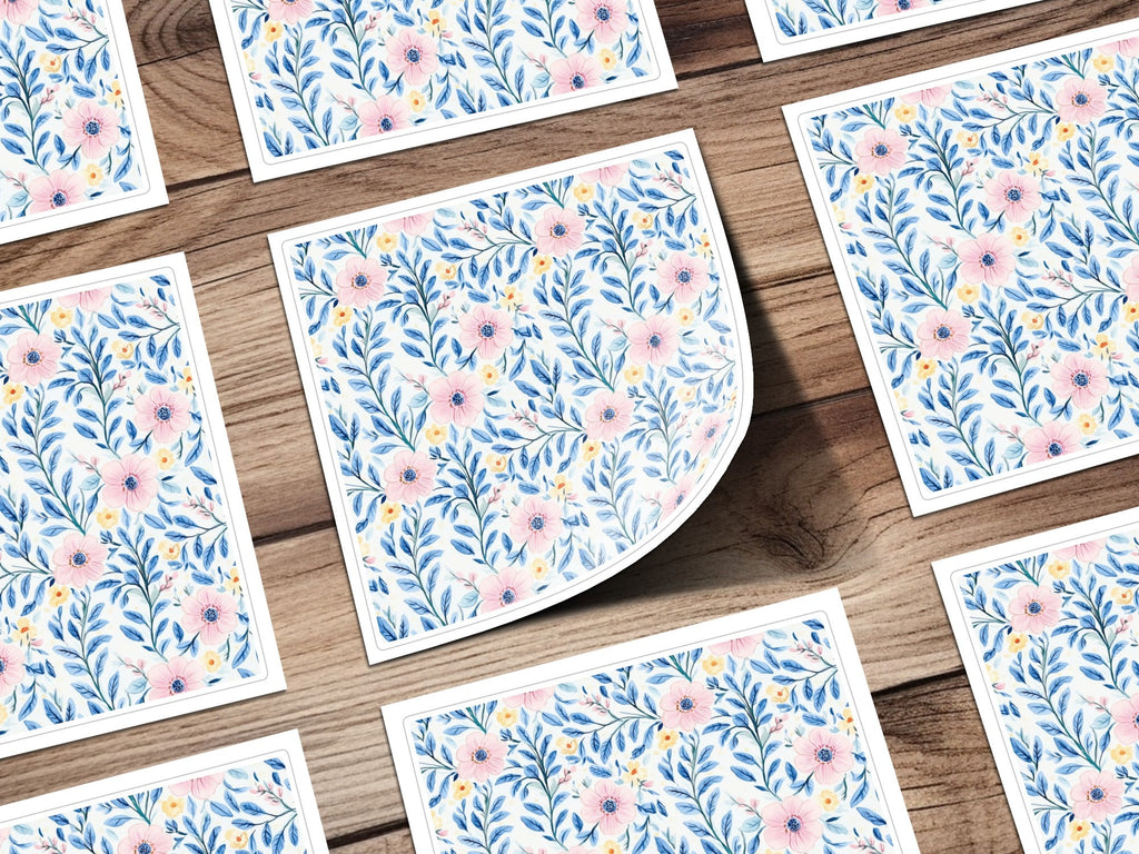 Pink Floral Pattern Digital Paper, Blue Leaves Watercolor, Seamless Flower Pattern, Pastel Spring Fabric Design, Scrapbooking Paper - Moore and Mountain