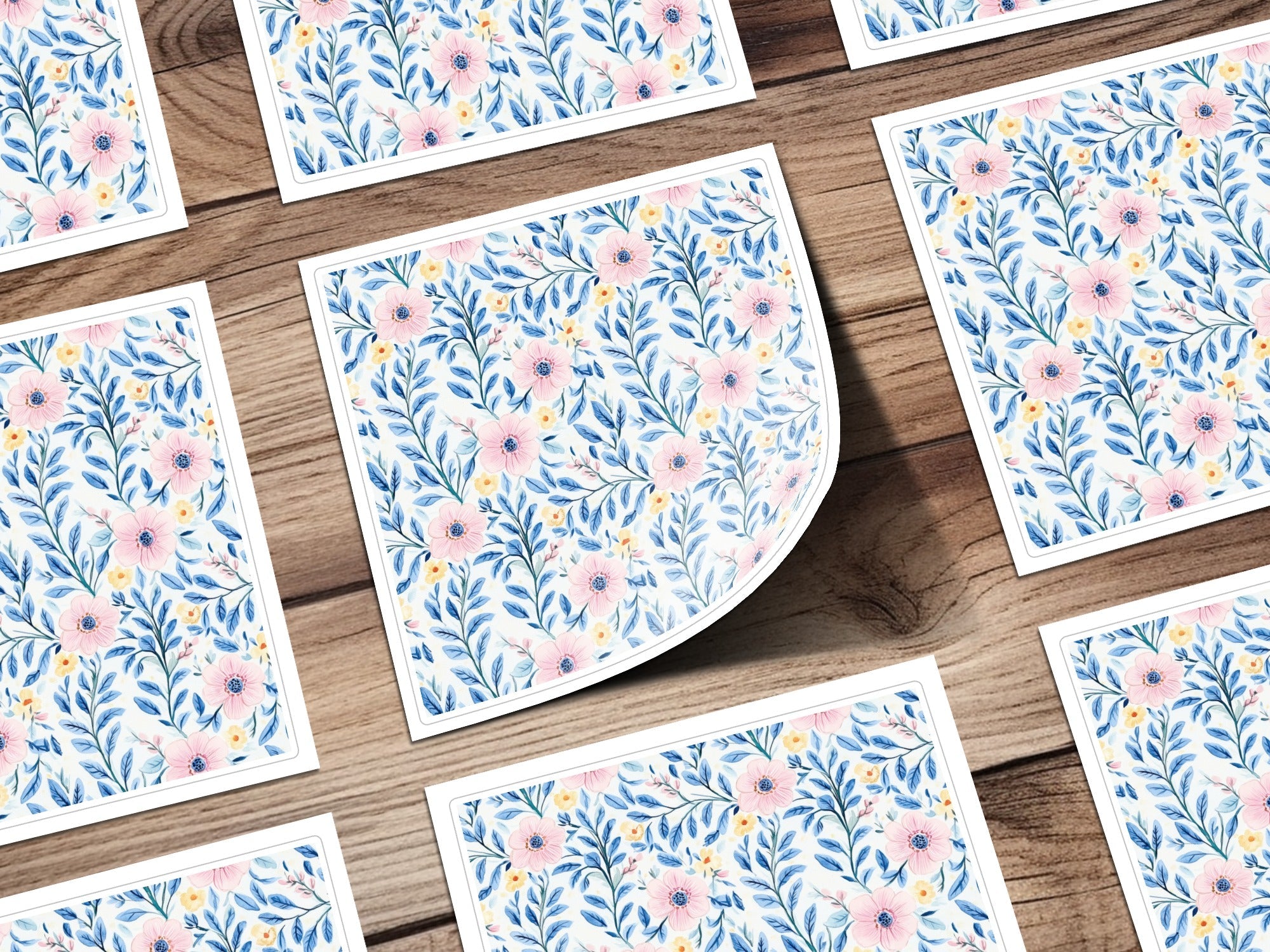 Pink Floral Pattern Digital Paper, Blue Leaves Watercolor, Seamless Flower Pattern, Pastel Spring Fabric Design, Scrapbooking Paper - Moore and Mountain