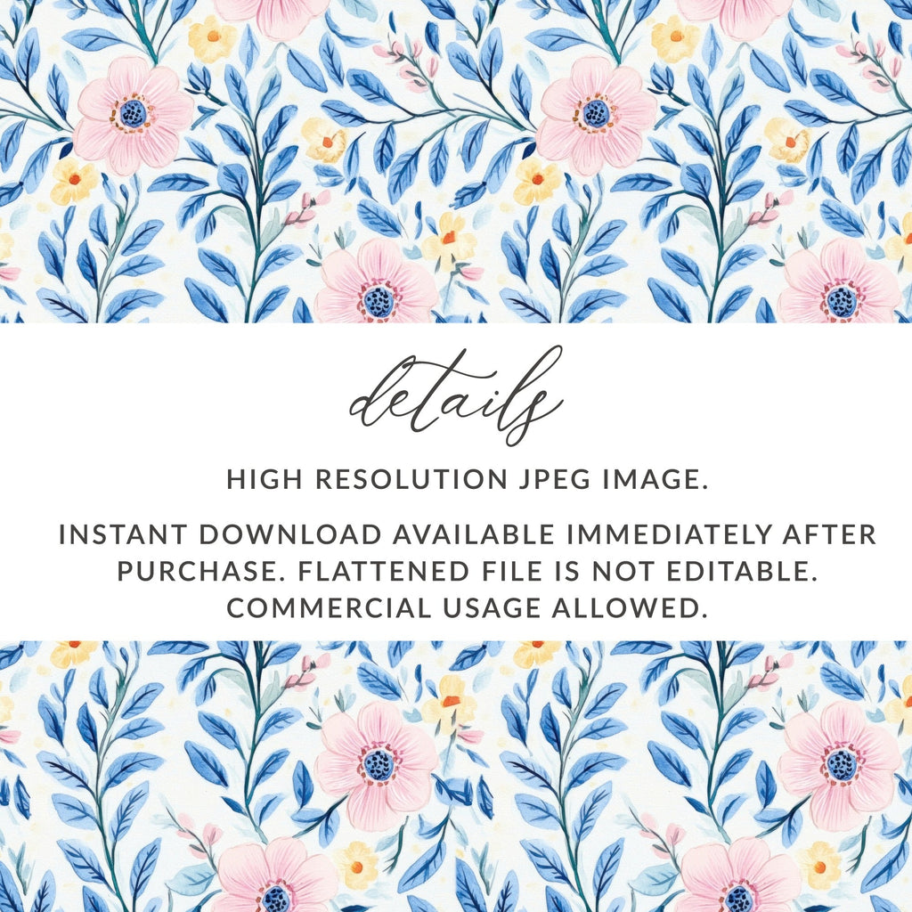 Pink Floral Pattern Digital Paper, Blue Leaves Watercolor, Seamless Flower Pattern, Pastel Spring Fabric Design, Scrapbooking Paper - Moore and Mountain