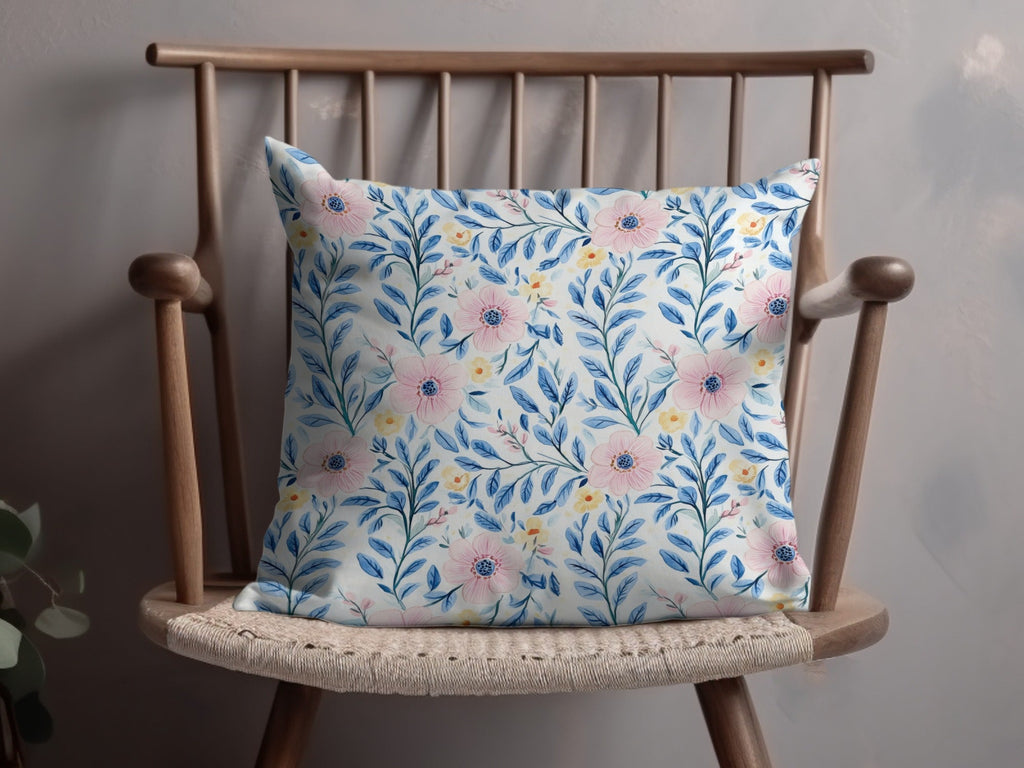 Pink Floral Pattern Digital Paper, Blue Leaves Watercolor, Seamless Flower Pattern, Pastel Spring Fabric Design, Scrapbooking Paper - Moore and Mountain