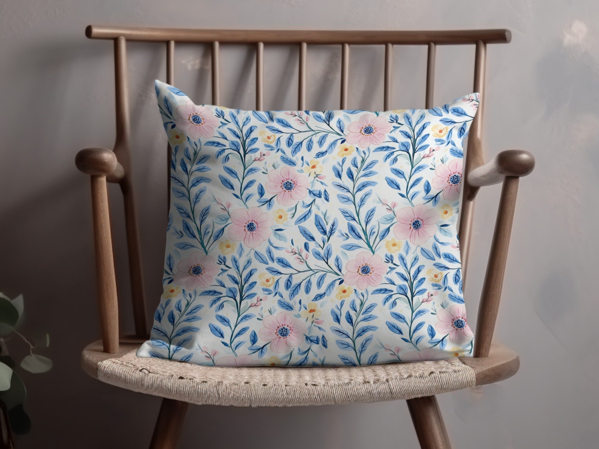 Pink Floral Pattern Digital Paper, Blue Leaves Watercolor, Seamless Flower Pattern, Pastel Spring Fabric Design, Scrapbooking Paper - Moore and Mountain