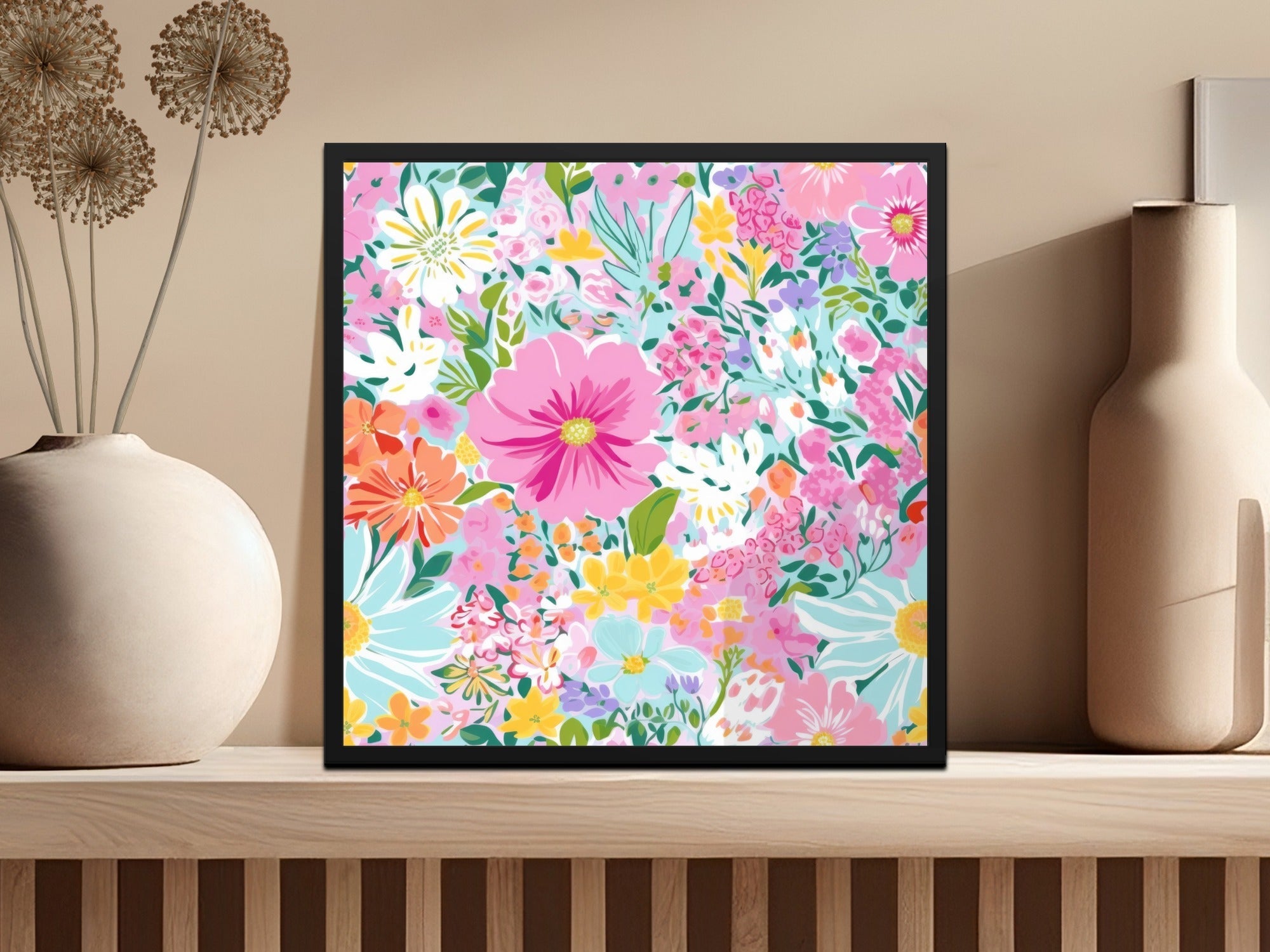 Pink Floral Pattern Digital Paper, Light Blue Background, Summer Flowers Design, Colorful Seamless Pattern, Printable Fabric Design - Moore and Mountain