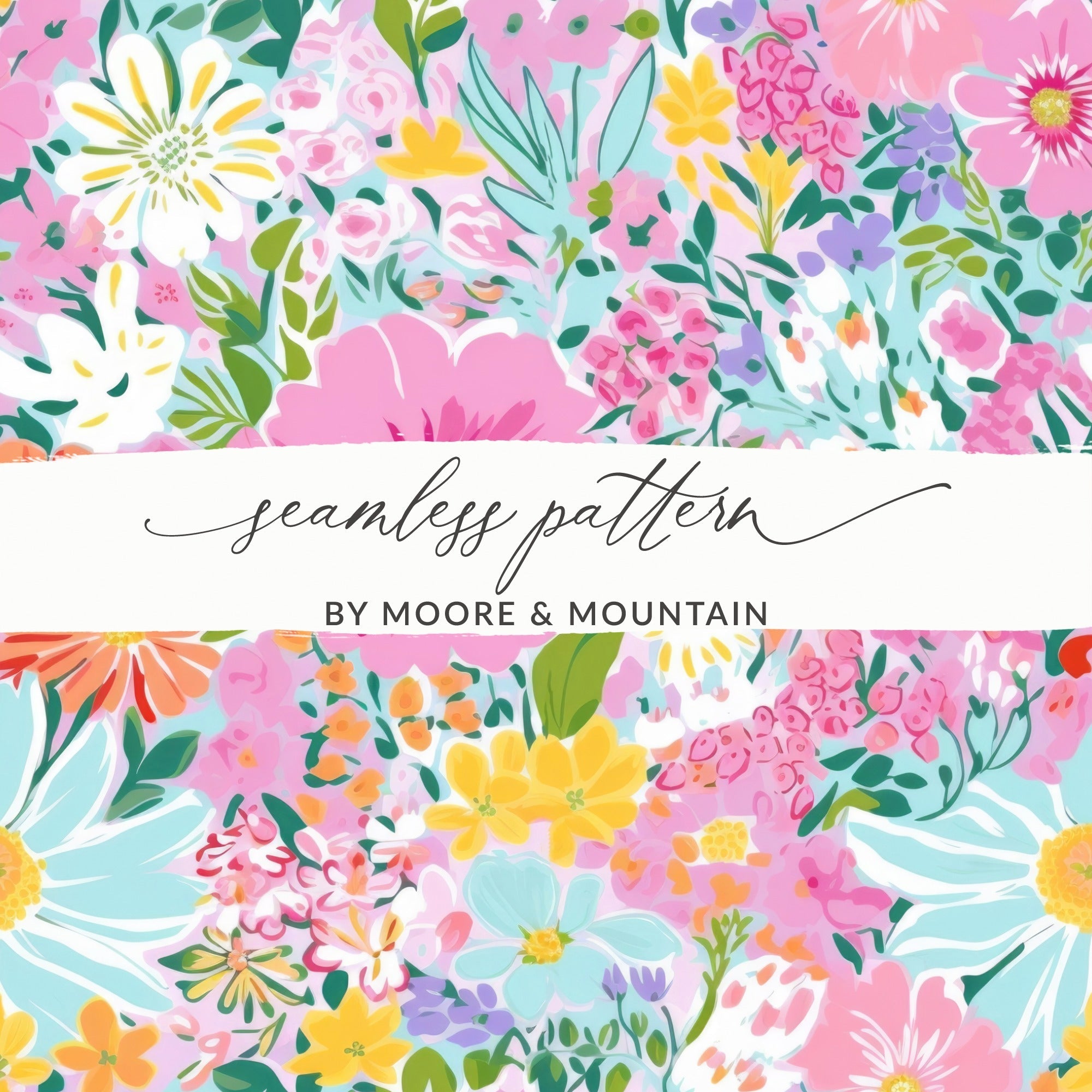 Pink Floral Pattern Digital Paper, Light Blue Background, Summer Flowers Design, Colorful Seamless Pattern, Printable Fabric Design - Moore and Mountain