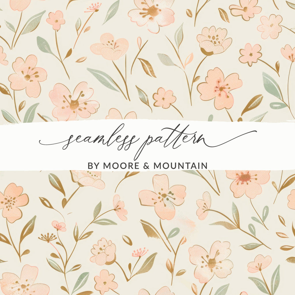 Pink Floral Pattern Digital Paper, Spring Blossom Illustration, Watercolor Flower Seamless Design, Cream Background Printable Art - Moore and Mountain