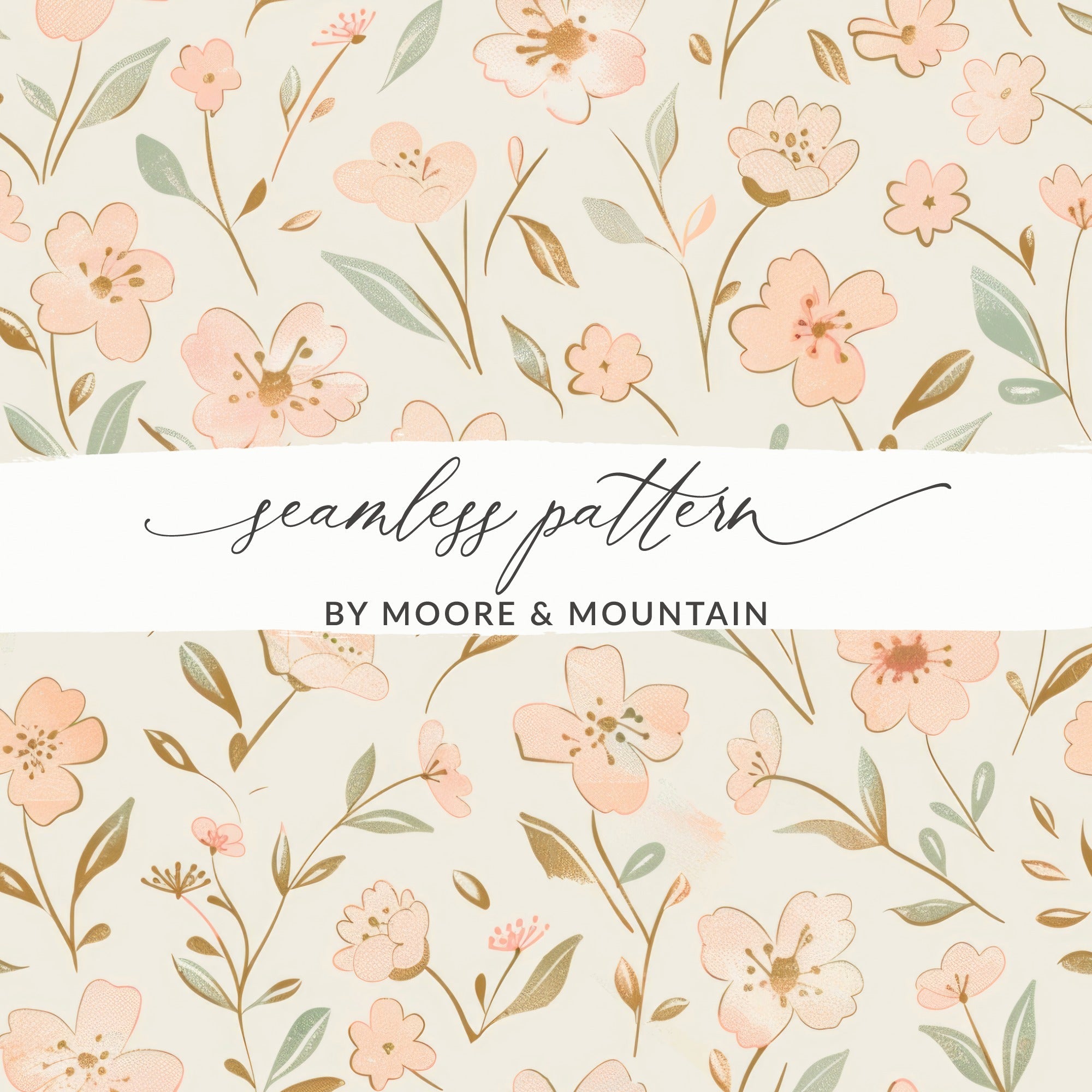 Pink Floral Pattern Digital Paper, Spring Blossom Illustration, Watercolor Flower Seamless Design, Cream Background Printable Art - Moore and Mountain