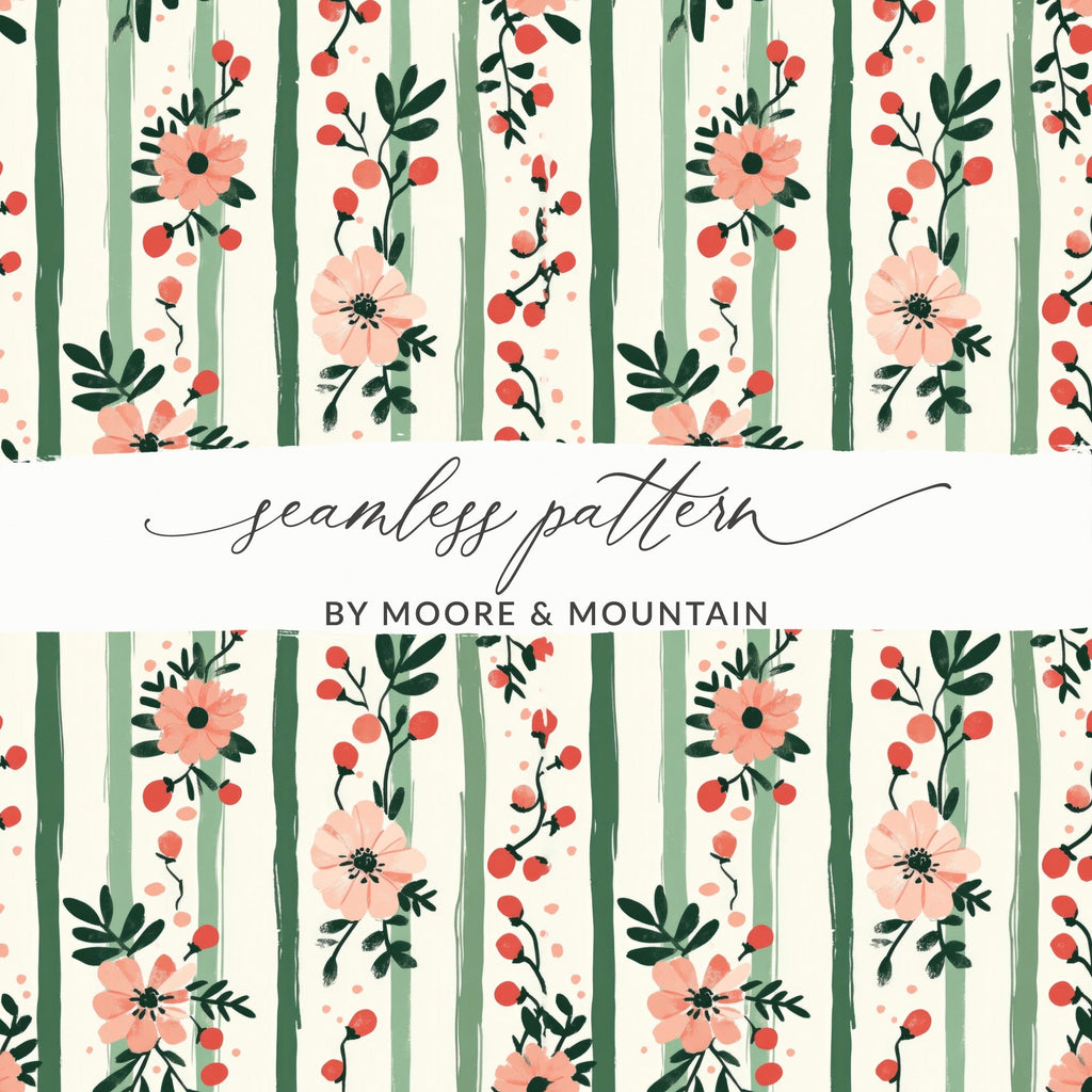 Pink Floral Stripes Digital Pattern, Spring Flower Design, Green Striped Background, Digital Paper Pack, Printable Scrapbook Paper - Moore and Mountain