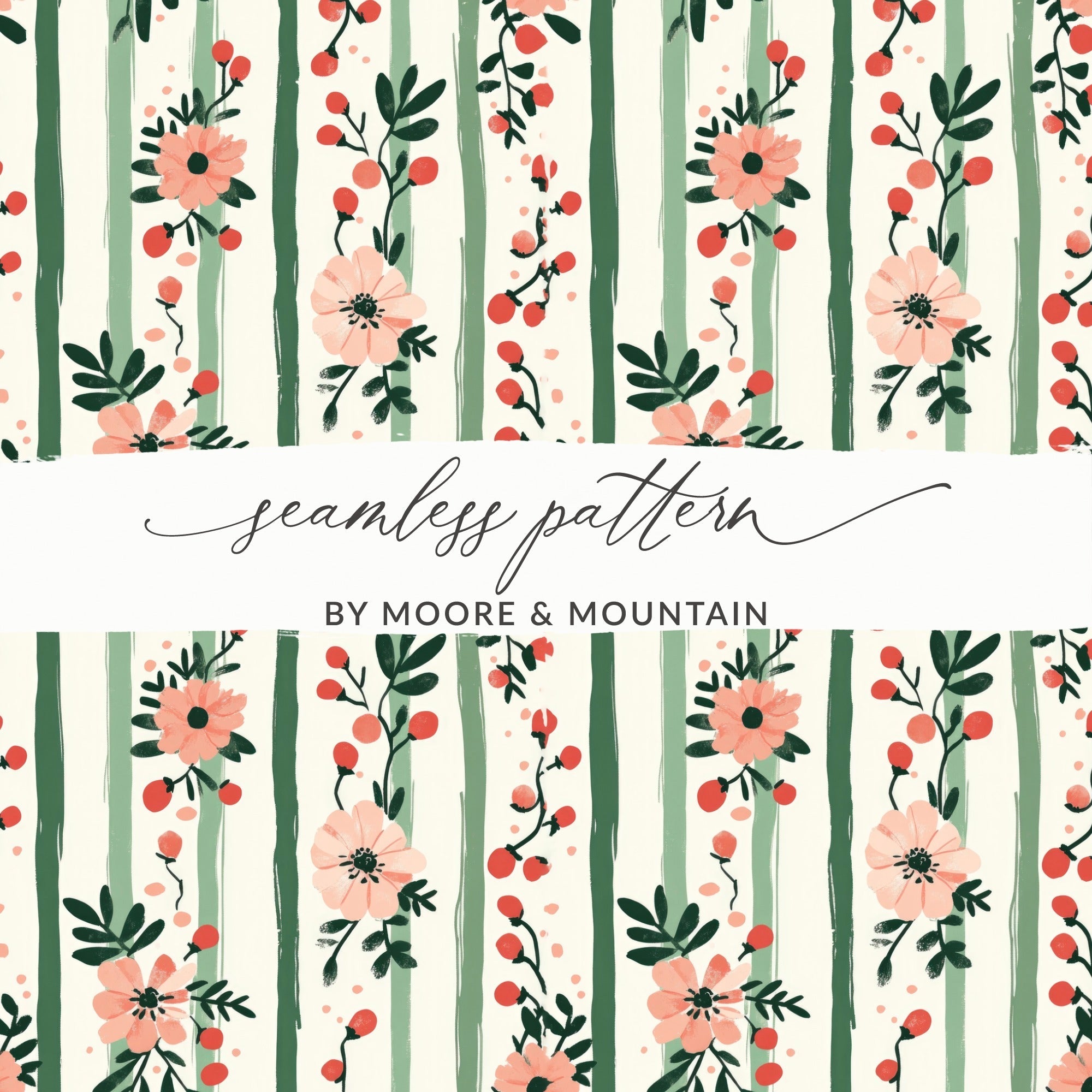 Pink Floral Stripes Digital Pattern, Spring Flower Design, Green Striped Background, Digital Paper Pack, Printable Scrapbook Paper - Moore and Mountain