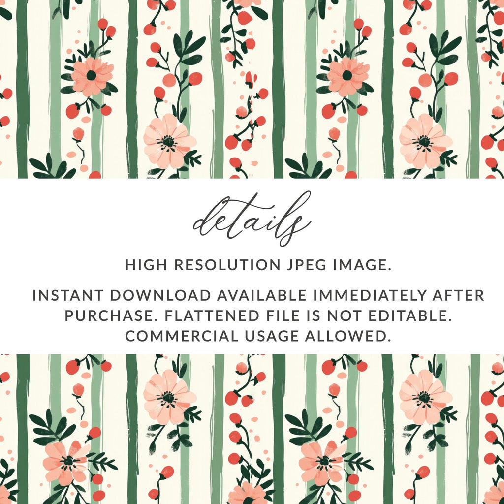 Pink Floral Stripes Digital Pattern, Spring Flower Design, Green Striped Background, Digital Paper Pack, Printable Scrapbook Paper - Moore and Mountain