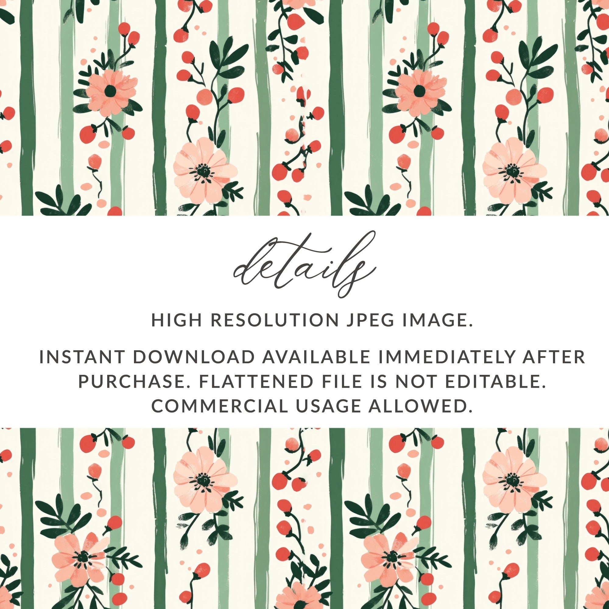 Pink Floral Stripes Digital Pattern, Spring Flower Design, Green Striped Background, Digital Paper Pack, Printable Scrapbook Paper - Moore and Mountain