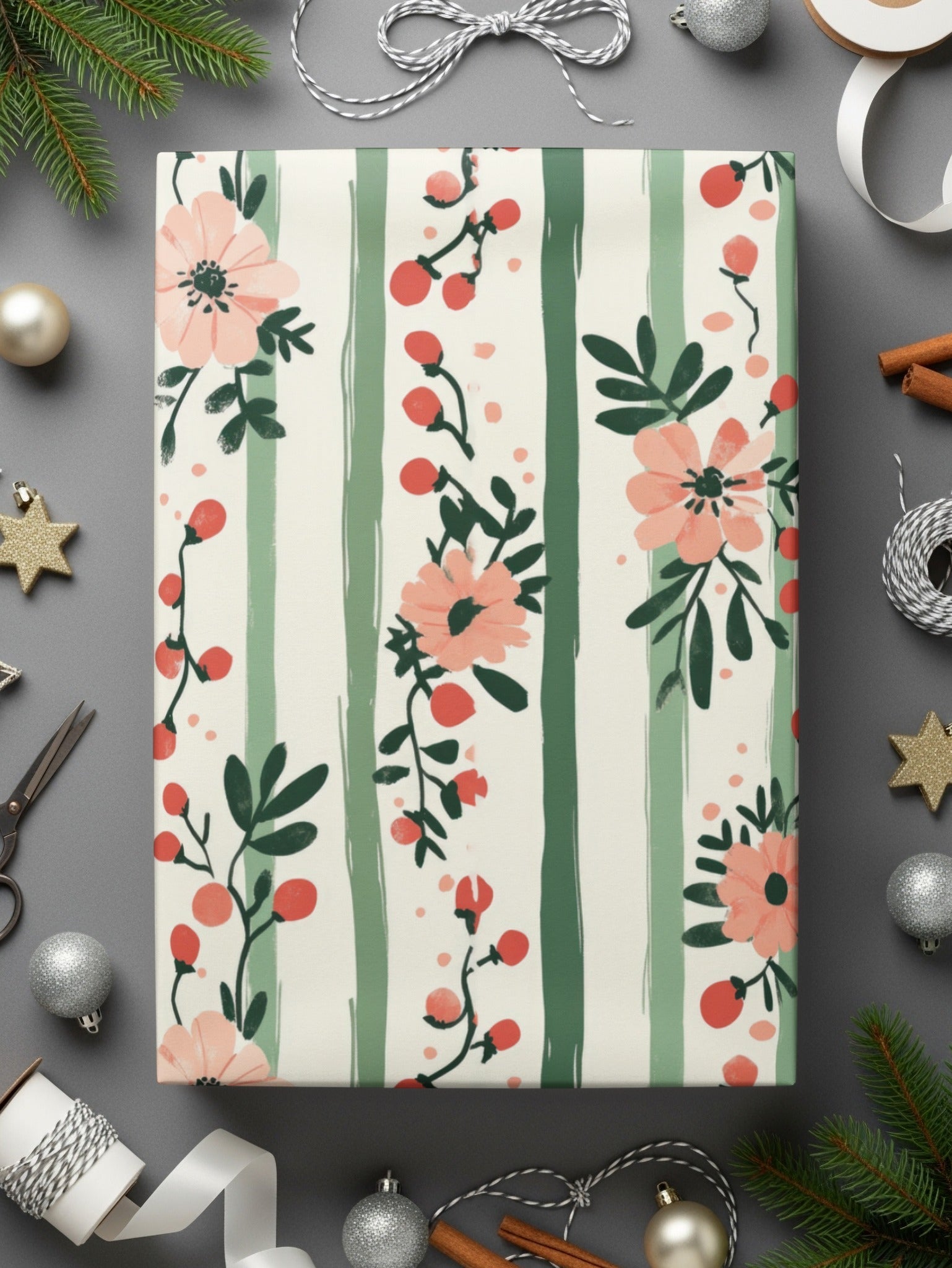 Pink Floral Stripes Digital Pattern, Spring Flower Design, Green Striped Background, Digital Paper Pack, Printable Scrapbook Paper - Moore and Mountain