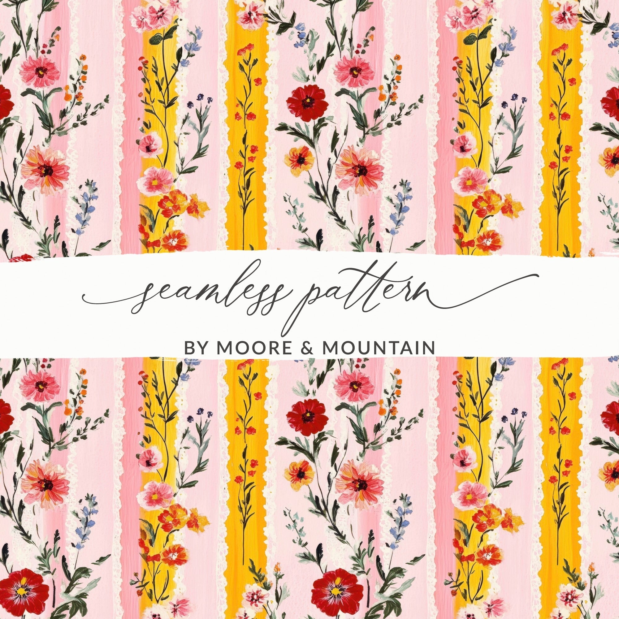 Pink Floral Stripes, Digital Seamless Pattern, Flower Illustration, Pastel Colors, JPEG Files, Digital Paper, Surface Design - Moore and Mountain