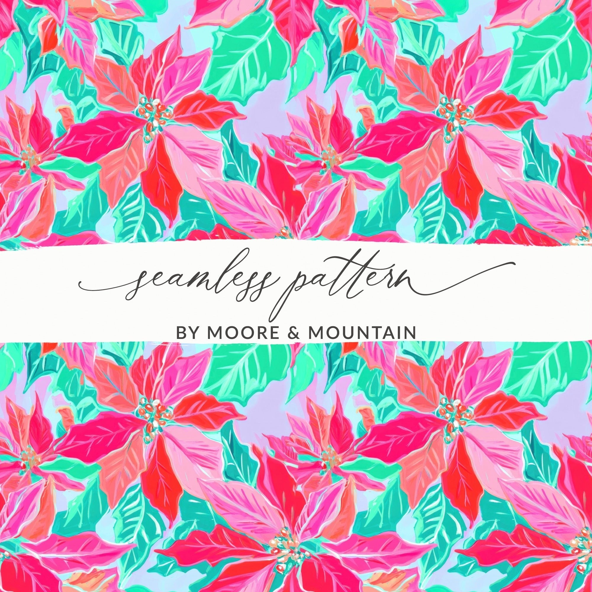 Pink Poinsettia Digital Paper, Christmas Floral Pattern, Winter Holiday Print, Seamless Texture, Festive Scrapbook, Watercolor Style - Moore and Mountain